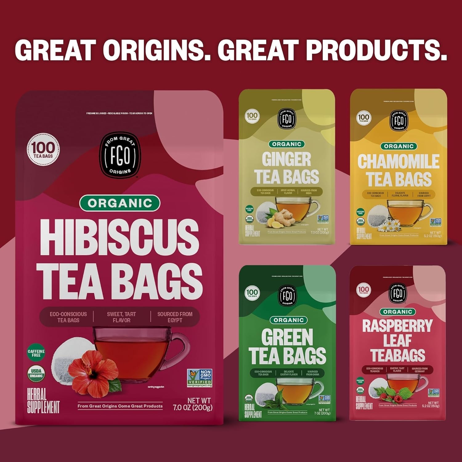 Organic Hibiscus Tea Bags Caffeine Free Eco-Conscious 100 Count Pack