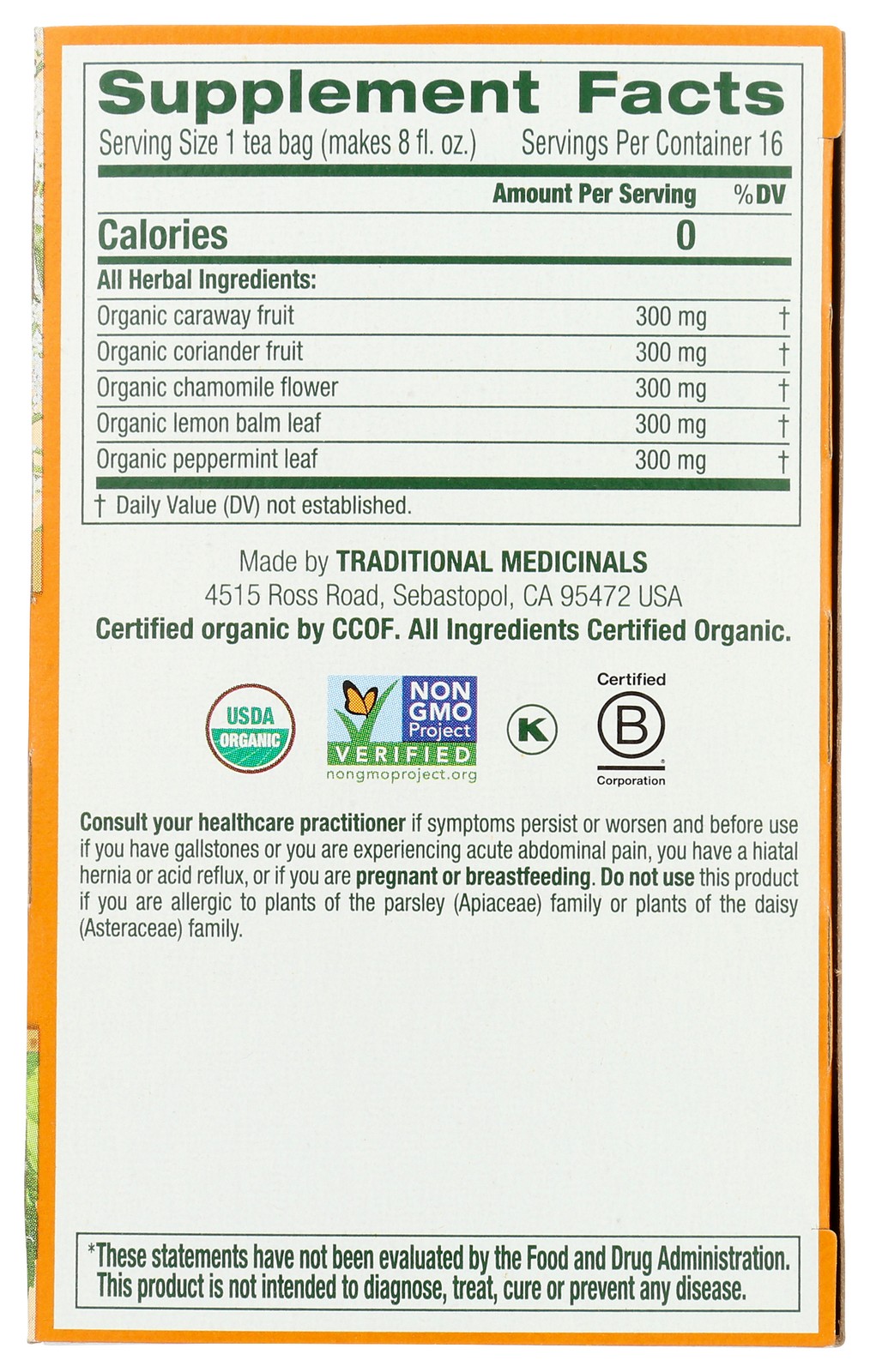 Traditional Medicinals Organic Gas Relief Chamomile Mint Tea 16 Bags Bag 3 Pack