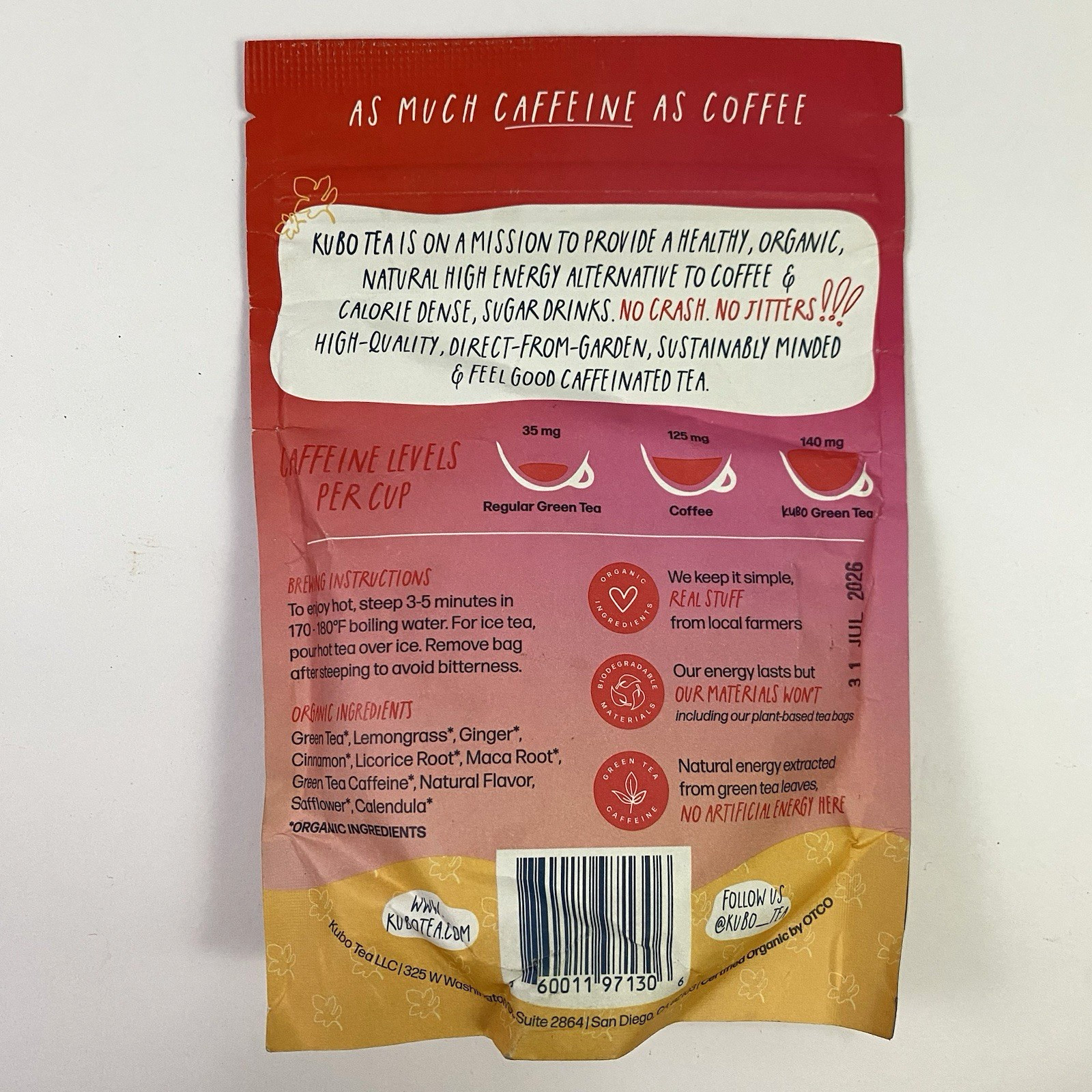 Kubo Tea Maca Passion Fruit Organic High Energy Tea – 1 Pack 20 Pillow Tea Bags