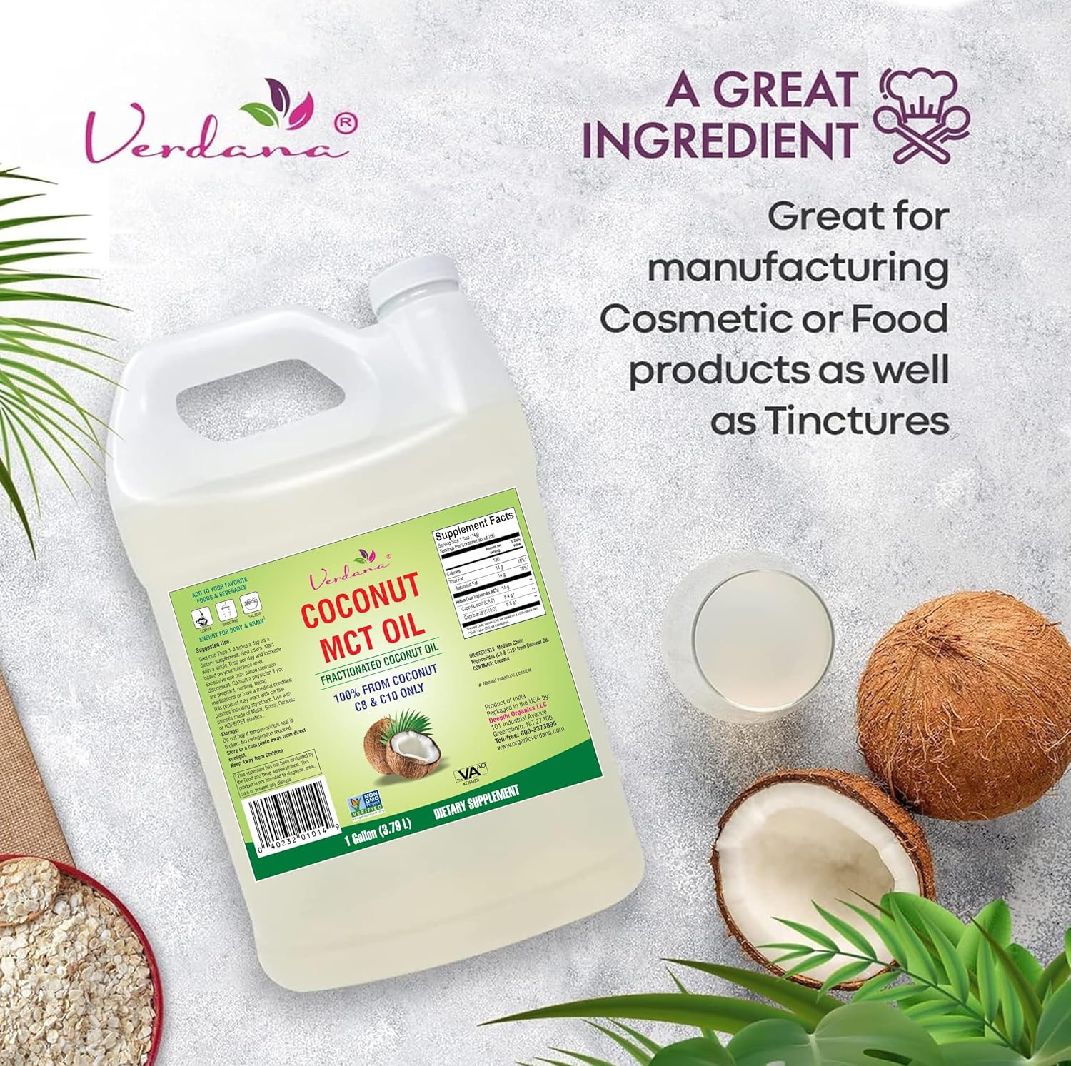 Verdana MCT Oil, Fractionated, 100% from Coconut – 1 Gallon – Kosher Food…