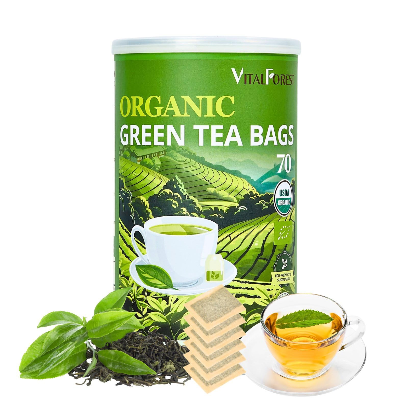 Organic Green Tea Bags| 70 Count Unbleached ECO-Conscious Chinese Green Tea P…
