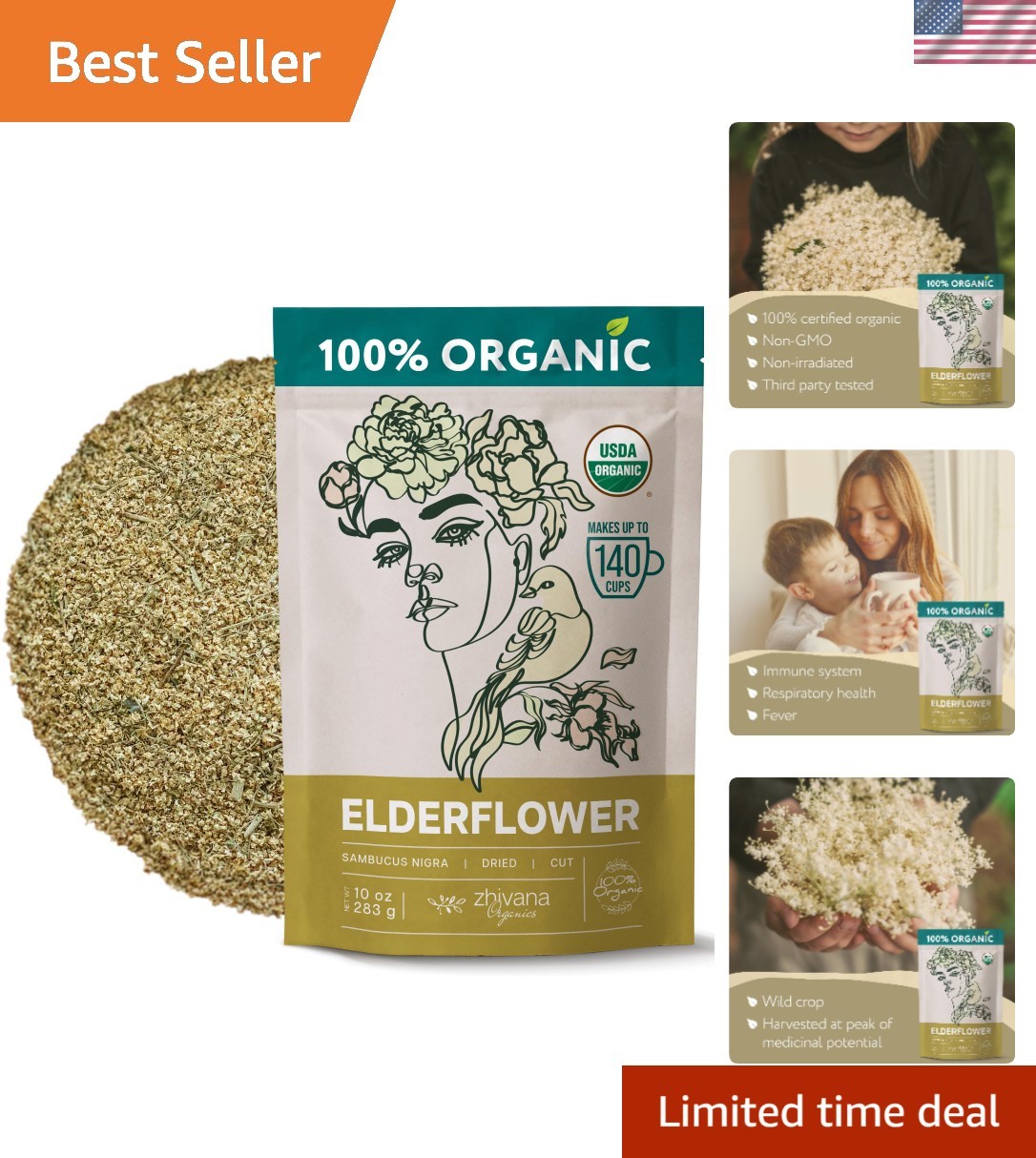 10oz Elderflower Tea – Pure Organic Herbal Remedy for Allergies and Sleep