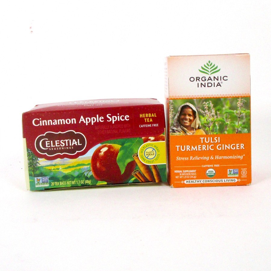 Organic India Tulsi Turmeric Ginger, Celestial Seasonings Cinnamon Apple Spice