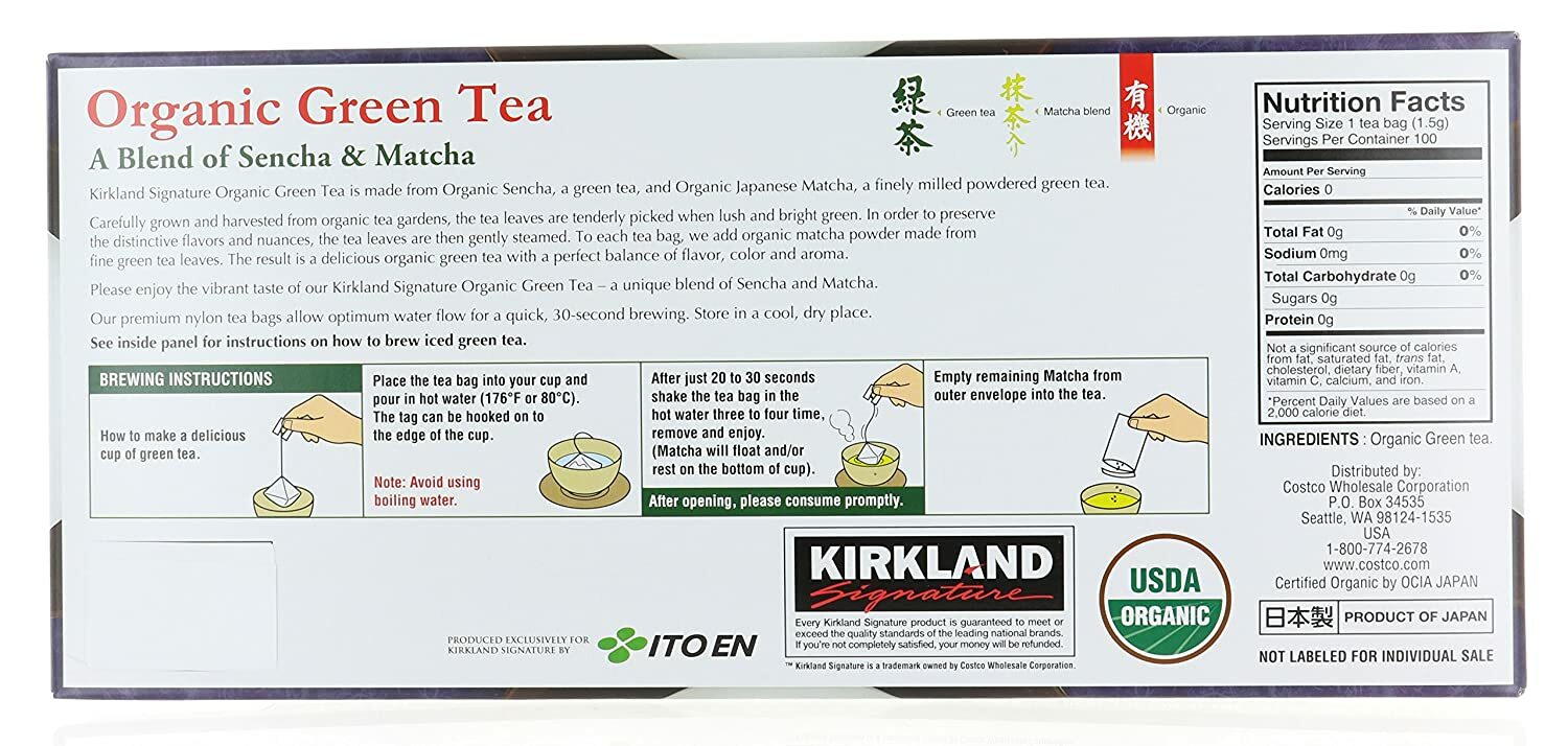 Kirkland Signature Ito En Matcha Blend 100% Organic Japanese Green Tea 100 bags