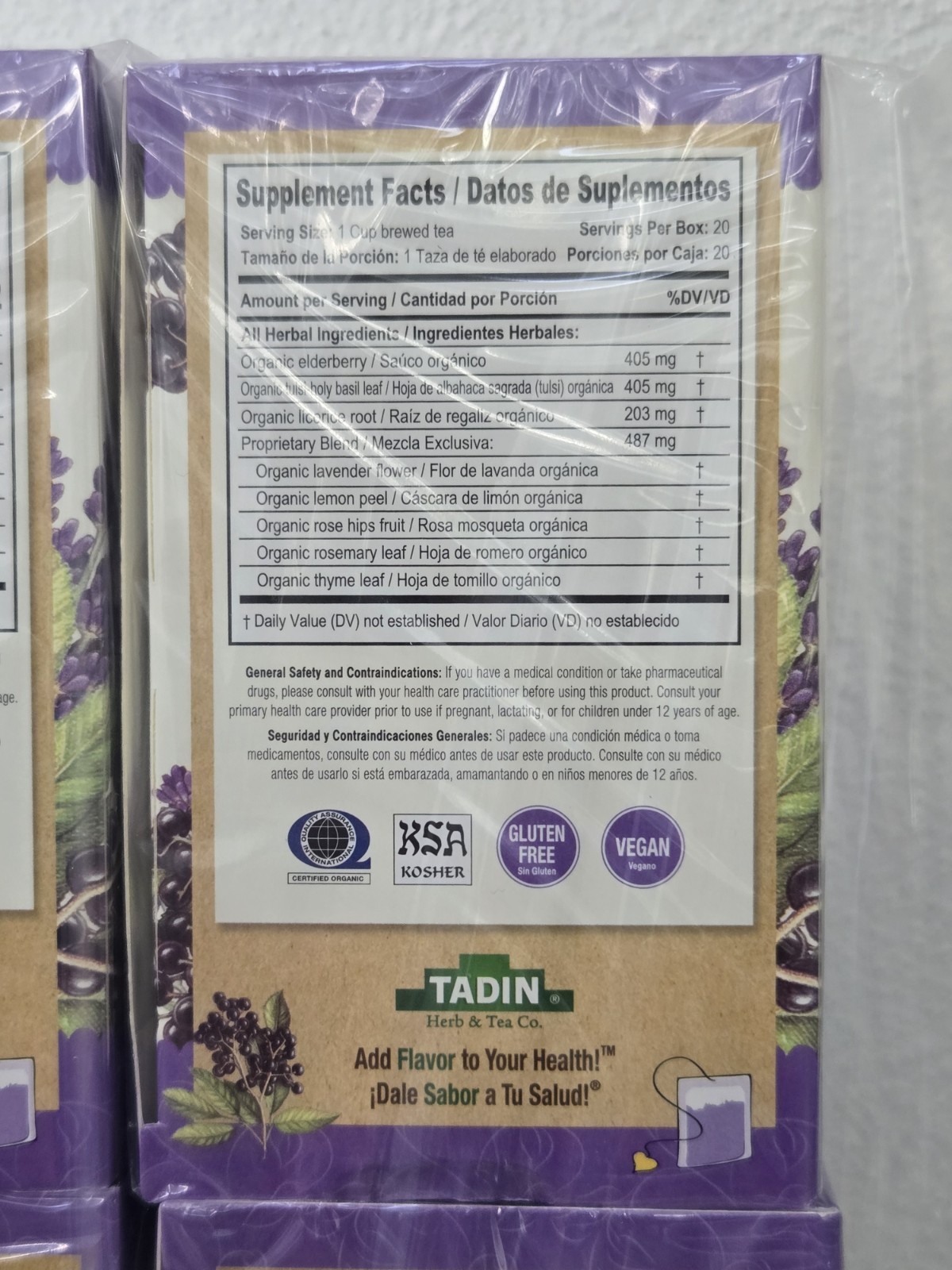 Tadin Organic Elderberry Immunity 20 Tea Bags (Lot Of 6 Boxes) Sick Health Drink