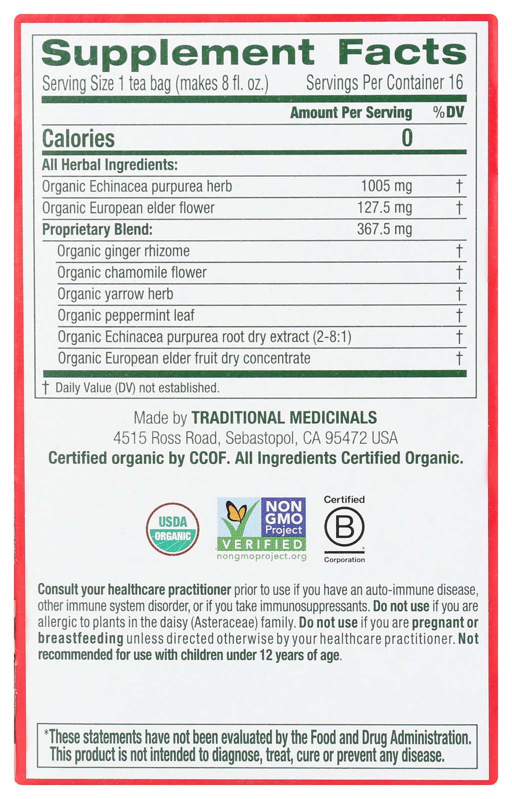 Traditional Medicinals Organic Echinacea Plus Elderberry Herbal Tea 16 3 Pack