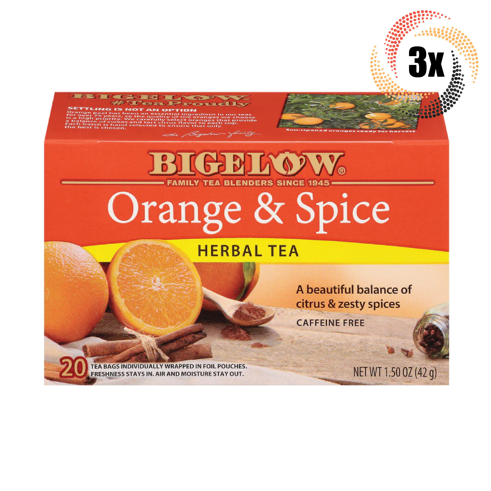 3x Boxes Bigelow Orange & Spice Herbal Tea | 20 Pouches Per Box | 1.50oz