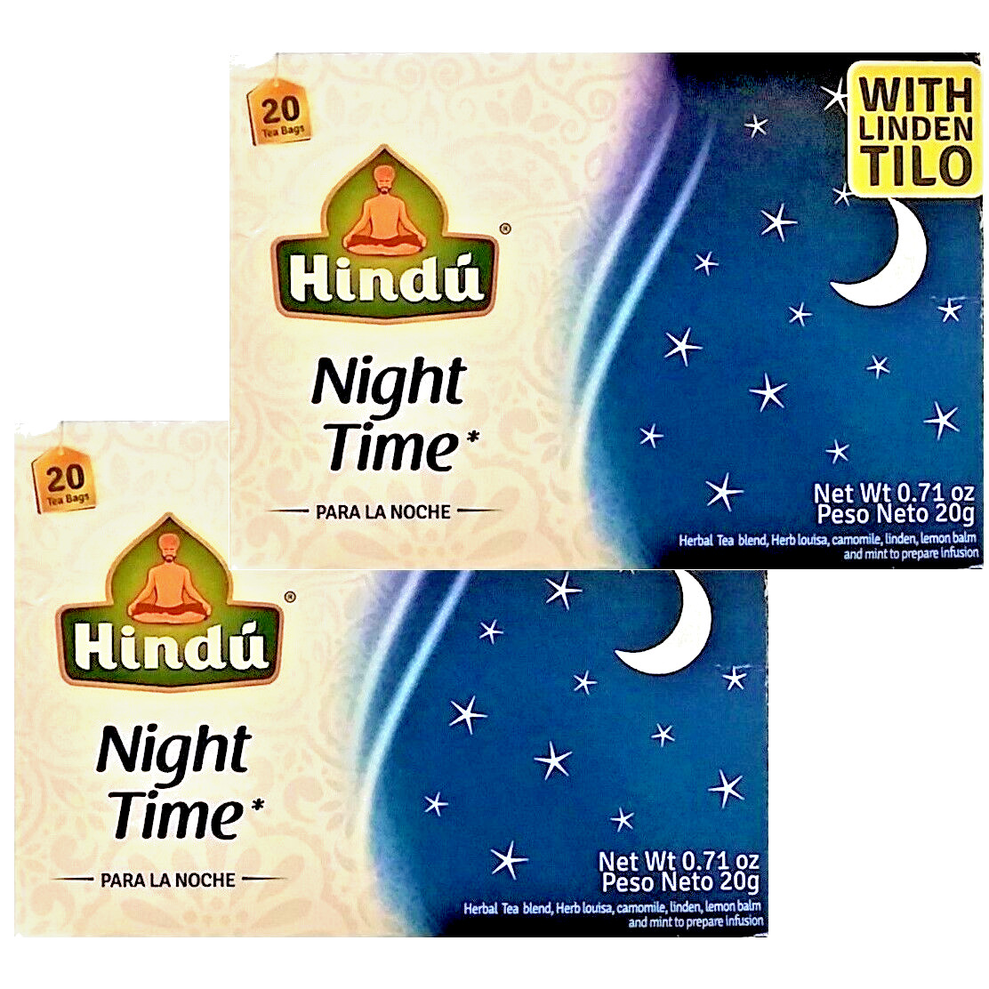 Night Time Tea Bags Chamomile-Louisa-Linden-Lemon Balm-Mint 20 Bags Box 2 Boxes