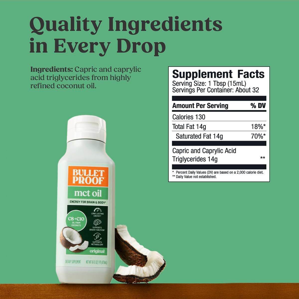 Bulletproof C8 & C10 MCT Oil, 100% Pure Coconut 16 Fl Oz (Pack of 1), Clear