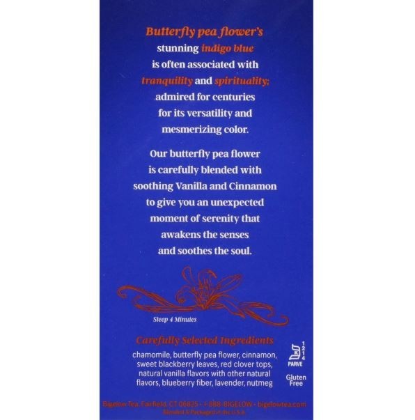Bigelow Butterfly Pea Flower Sapphire Bay, Herbal Tea, Tea Bags, 18 Count