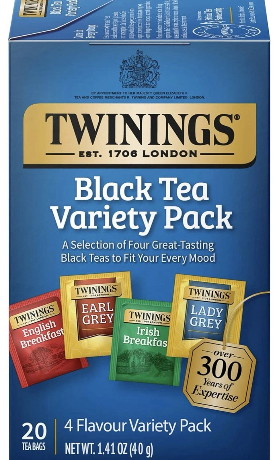 TWININGS Black Tea Variety Pack Earl Grey Irish Breakfast Lady Grey 20 Tea Bags