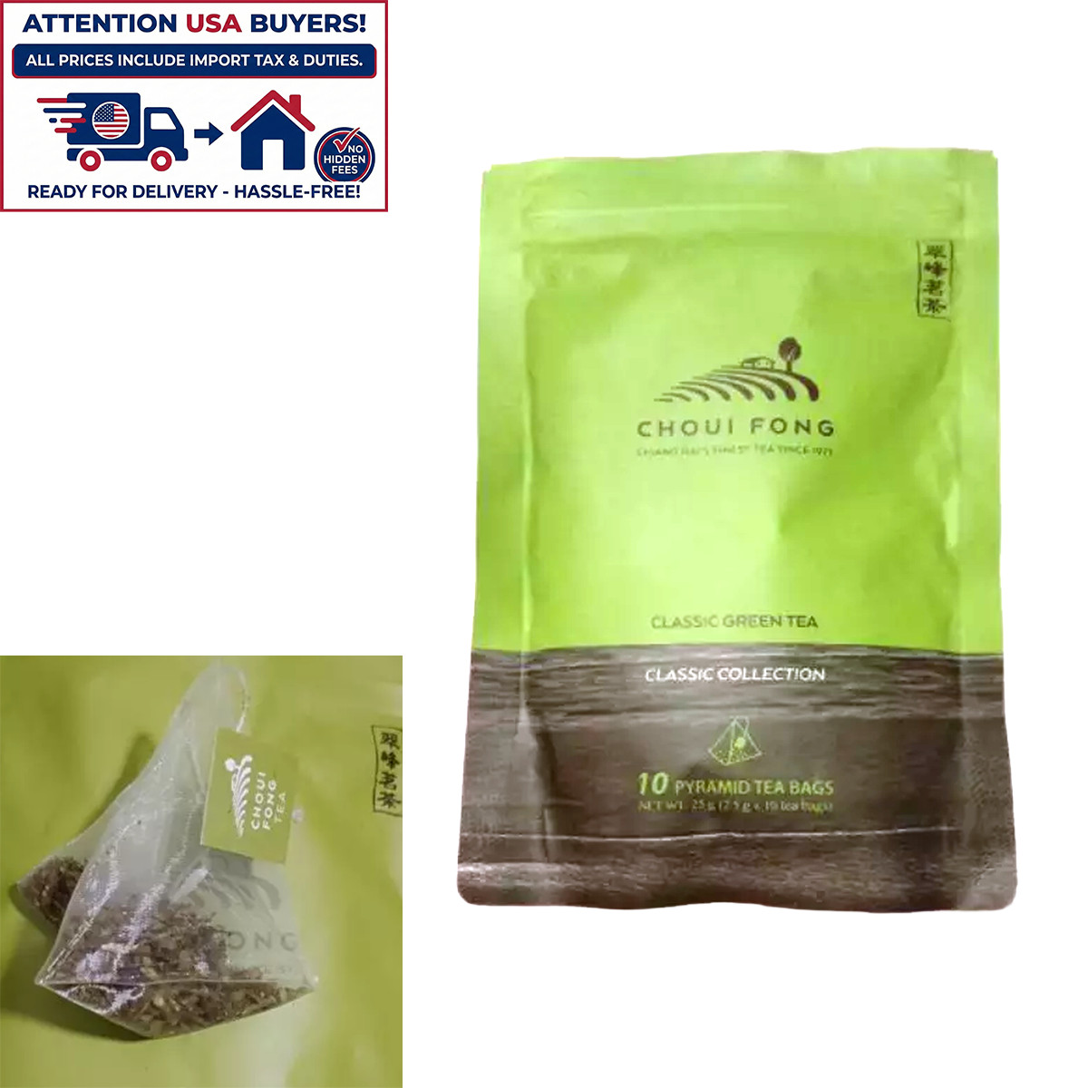 Choui Fong Classic Green Tea – 10 Premium Pyramid Tea Bags, Pure & Refreshing