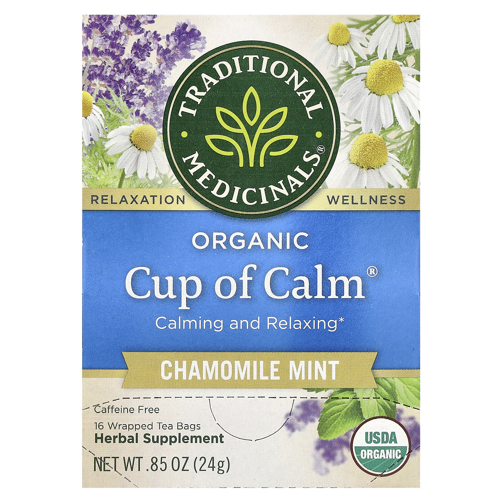Organic Cup of Calm, Chamomile Mint, Caffeine Free, 16 Wrapped Tea Bags, 0.85 oz