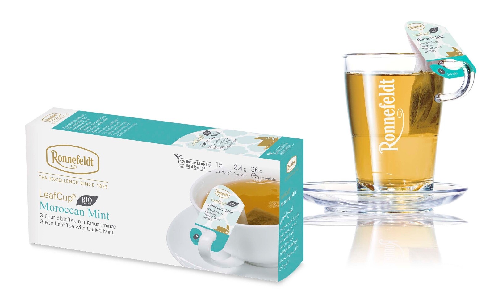 Ronnefeldt Leafcup® Moroccan Mint. 15 premium green tea bags. Made in Germany