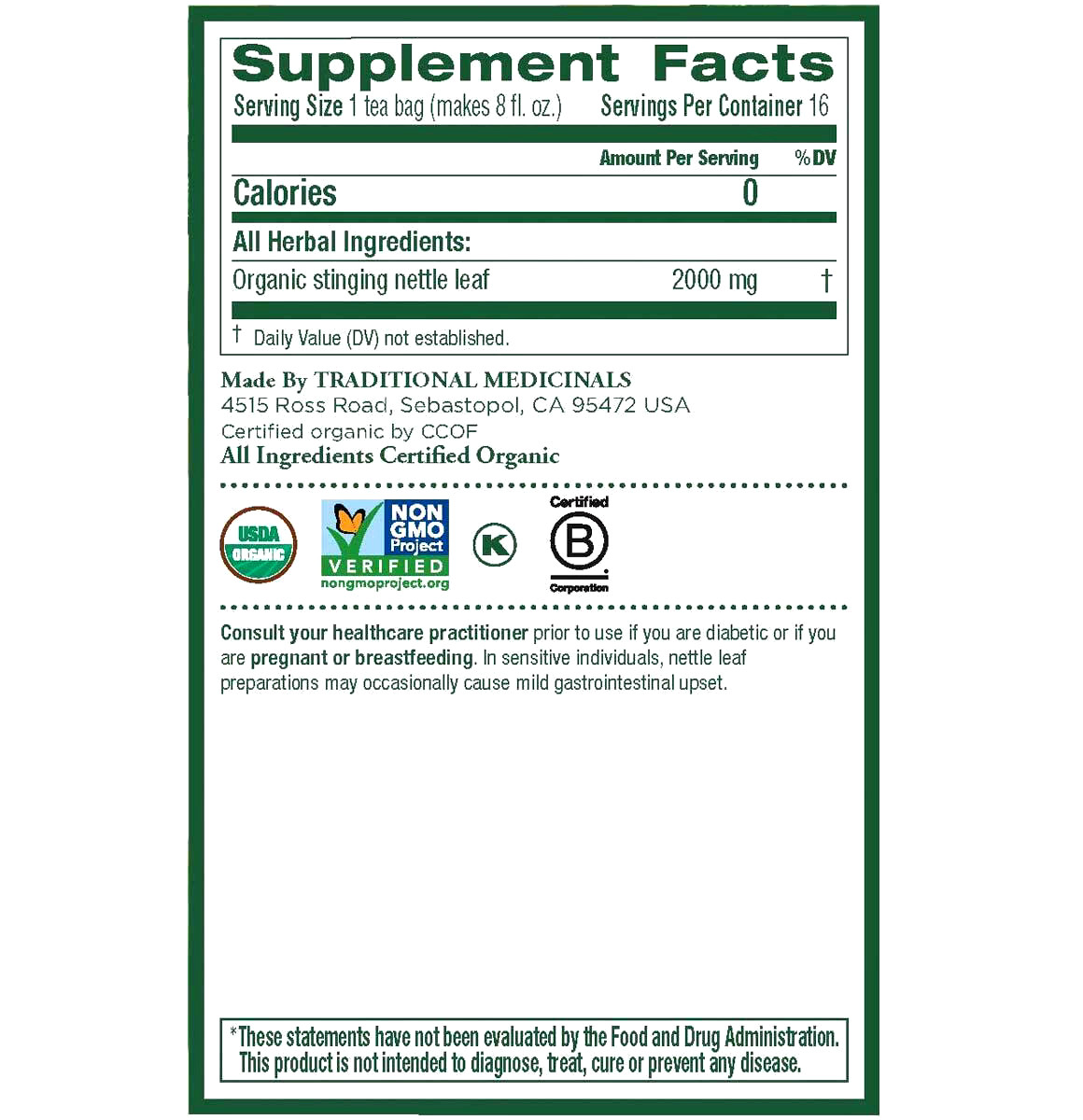 Traditional Medicinals Tea Bags Organic Nettle Leaf – 16 Ct – Pack of 4