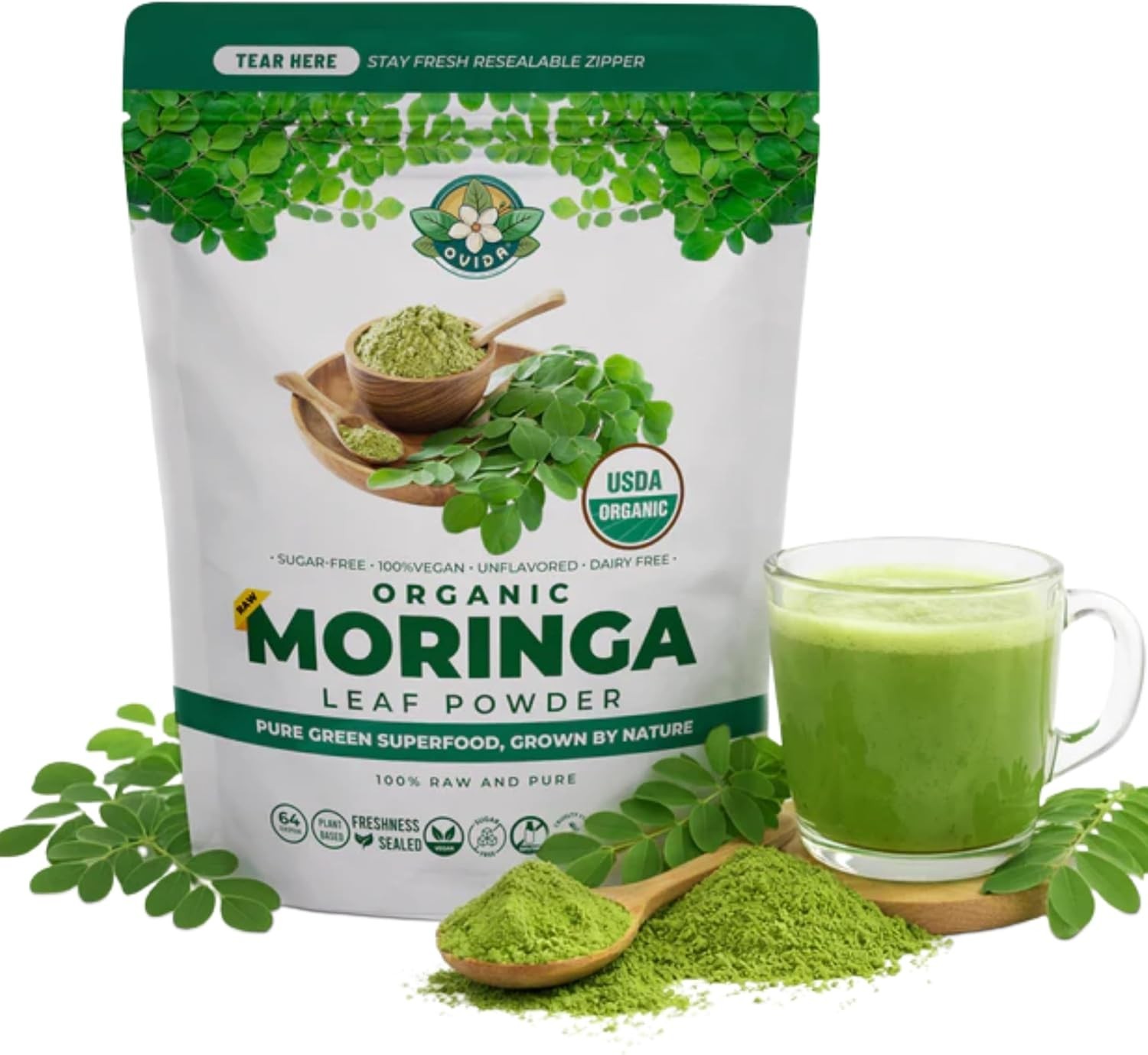 OVIDA Organic Moringa Leaf Powder Smoothie Tea Blend Green Superfood 4oz