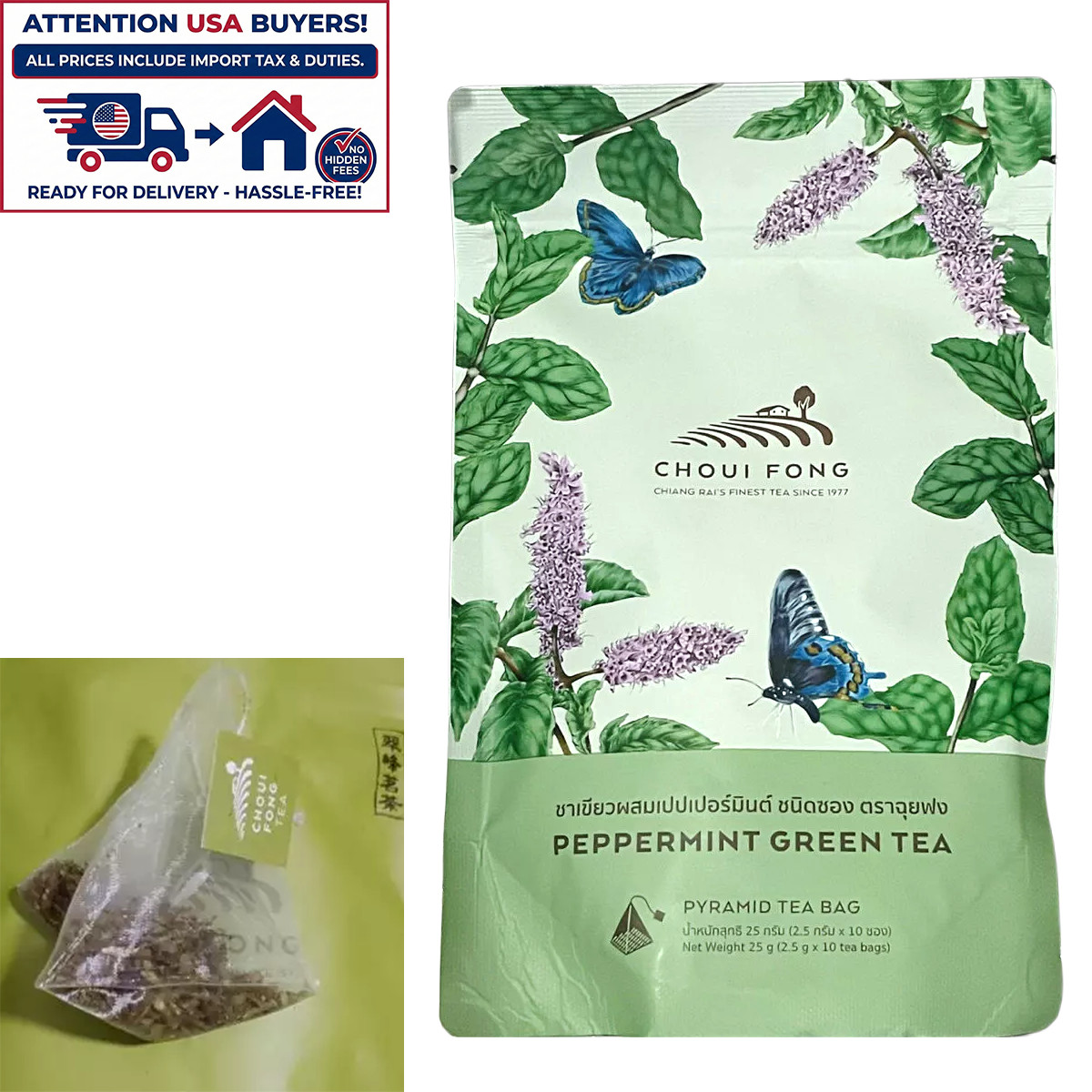 Choui Fong Peppermint Green Tea – 10 Premium Pyramid Tea Bags, Cool & Refreshing