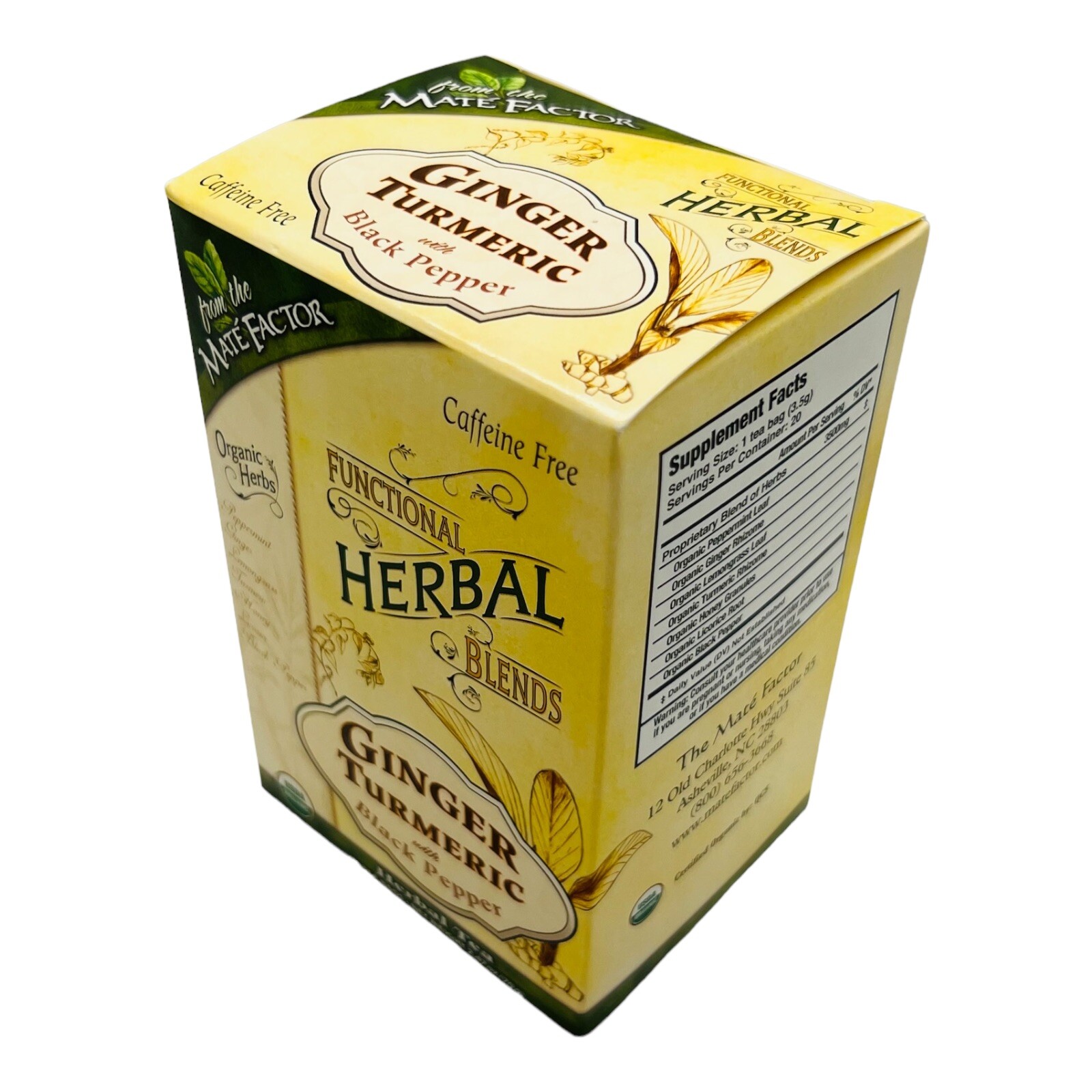 Mate Factor Herbal Tea Ginger & Turmeric with Black Pepper Blend 20 Bags 05/25