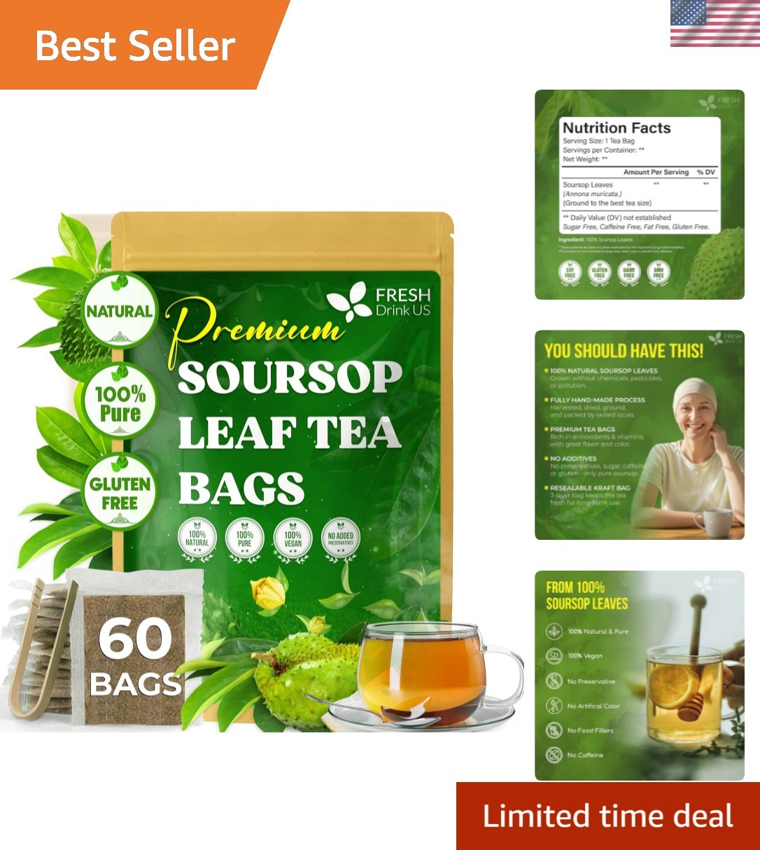 60 Count All-Natural Soursop Leaf Tea Bags – Perfect for Digestive Support