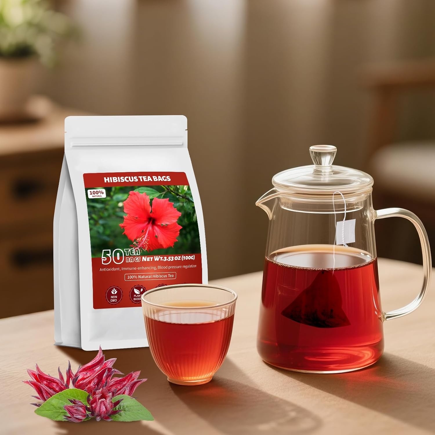 Hibiscus Tea Bags, 100% Natural Hibiscus Flowers Herbal High Blood Pressure Tea