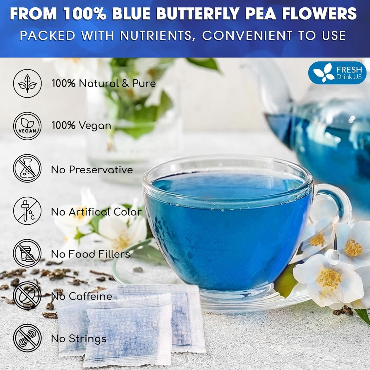 30 Butterfly Pea Flowers Tea Bags, Pure Dried Butterfly Pea Flower, Herbal Tea