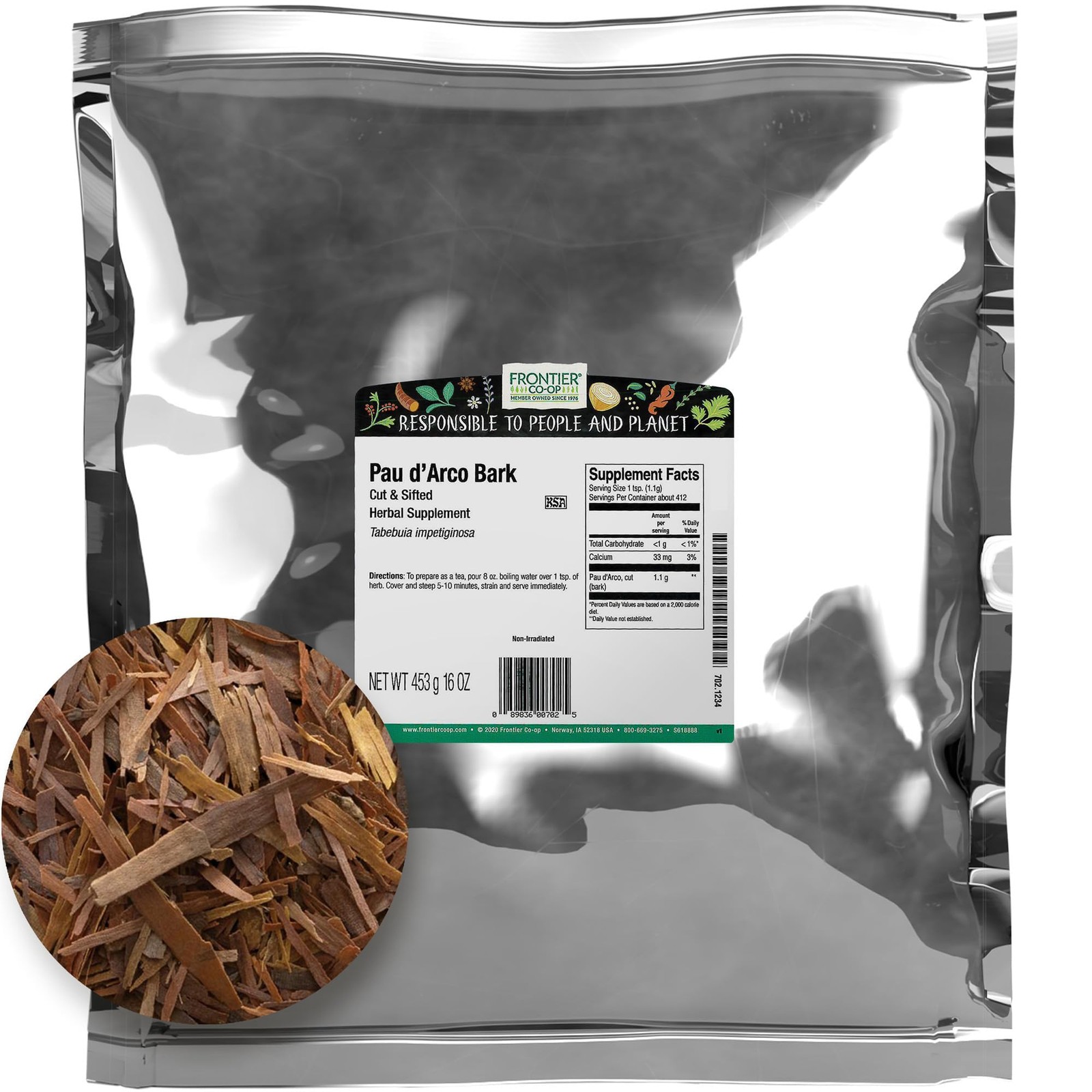Frontier Co-op Pau d’Arco Bark Cut & Sifted, Kosher, Non-irradiated 1 lb.