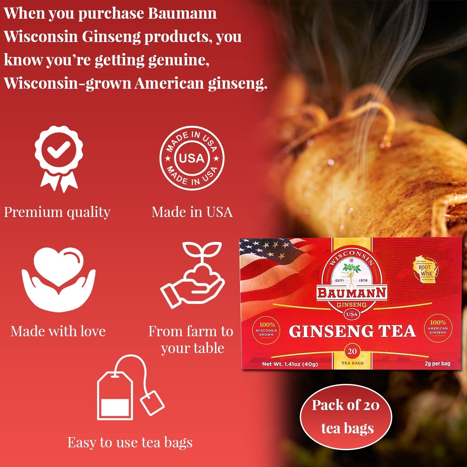Baumann American Ginseng Tea – 20 Bags – Wisconsin Panax Herbal Tea