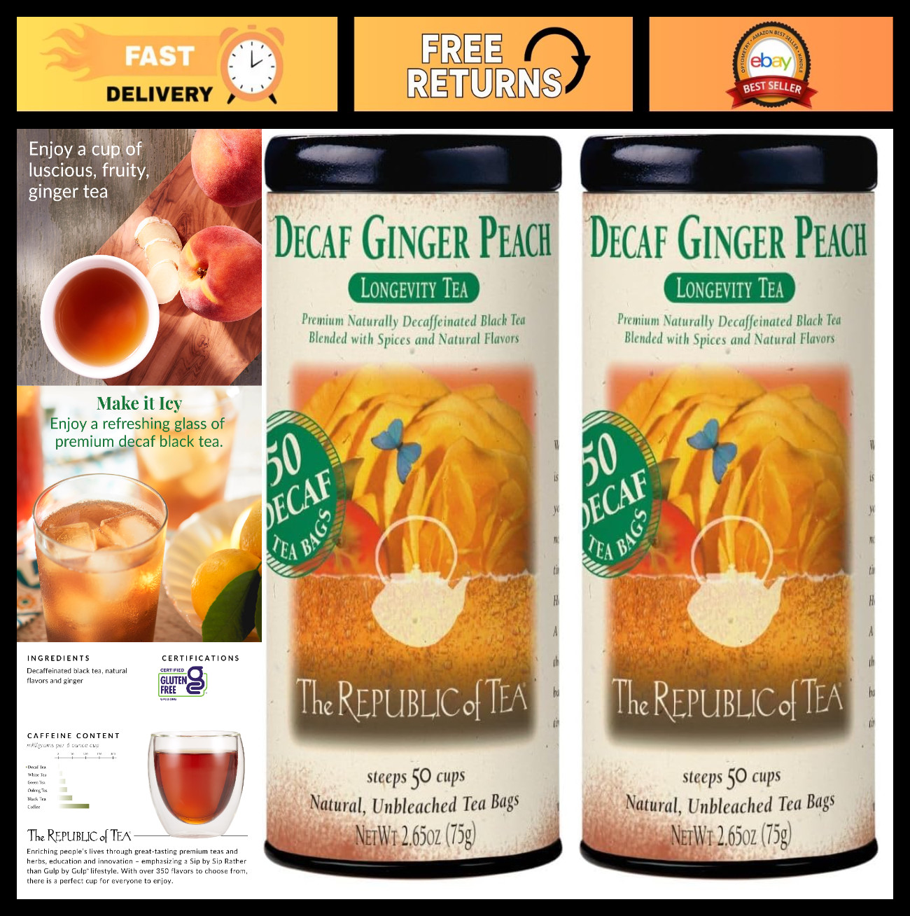 Decaf Ginger Peach Black Tea – 100 Bags Total, Herbal Wellness, Caffeine-Free
