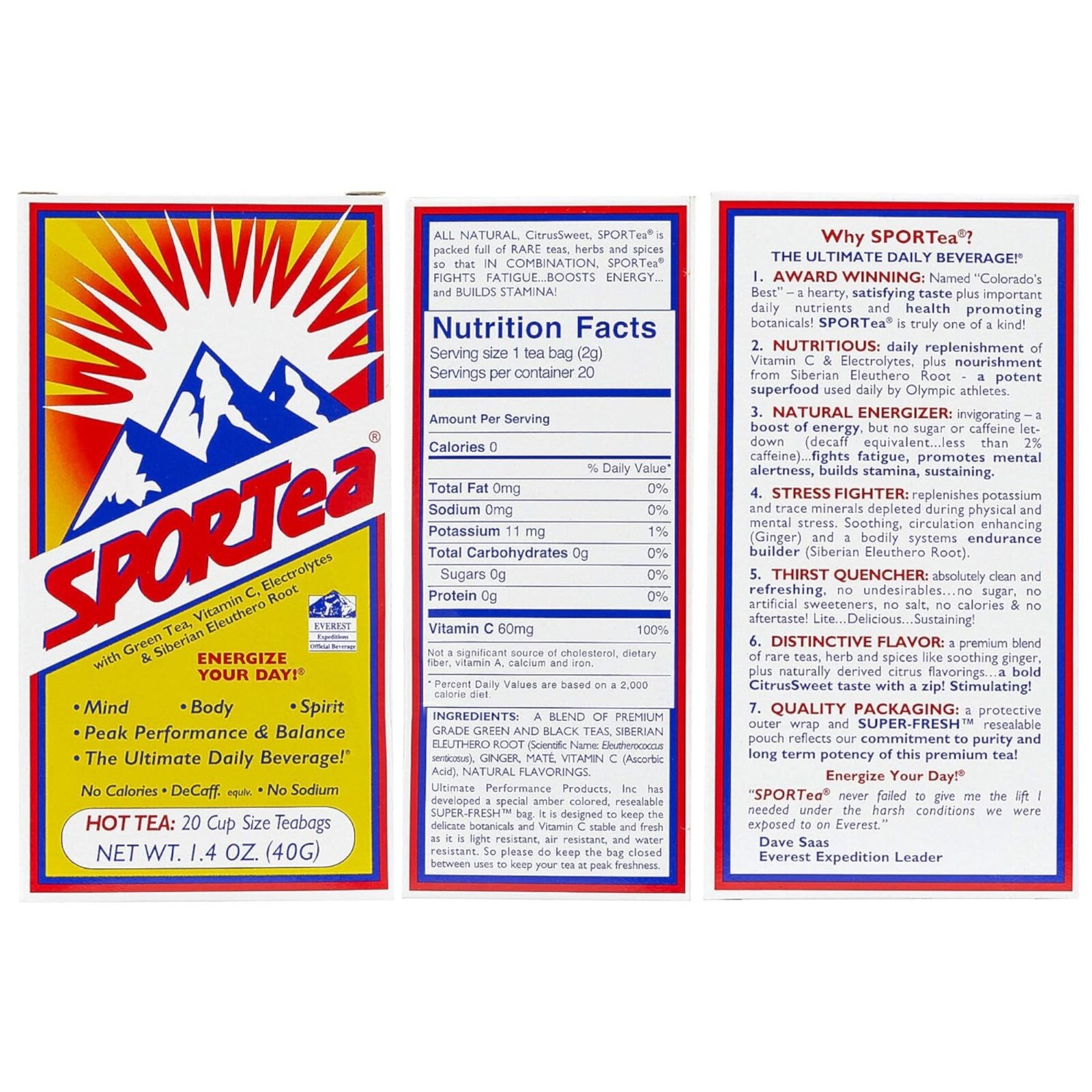 SPORTea, Tea Ginseng Vitamin C Electrolytes, 20 Count