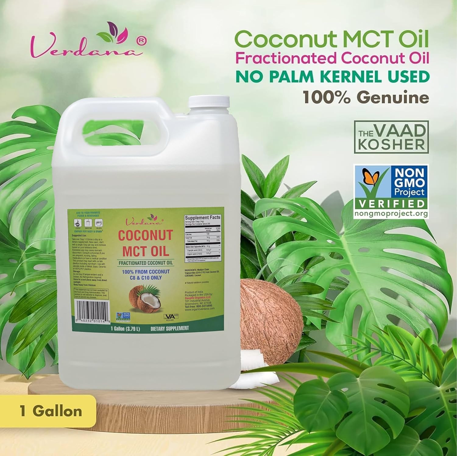 Verdana MCT Oil, Fractionated, 100% from Coconut – 1 Gallon – Kosher Food…