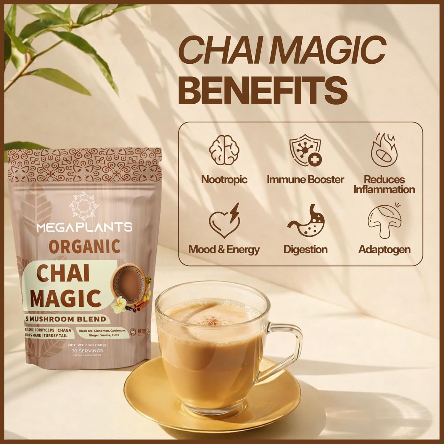 Adaptogenic Mushroom Chai Tea (30 Servings) | No Crash Energy & Focus Blend with