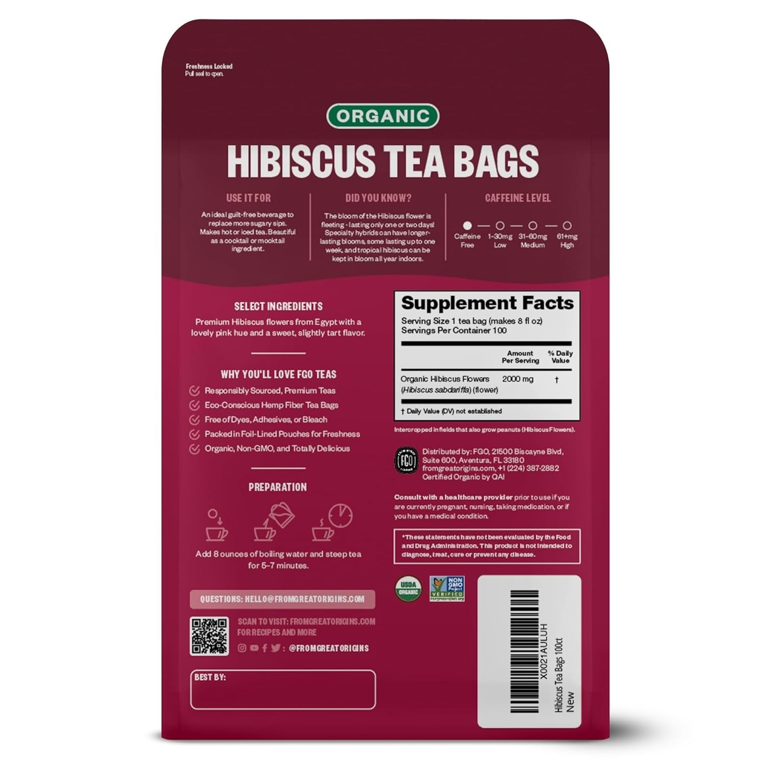 Organic Hibiscus Tea Bags Caffeine Free Eco-Conscious 100 Count Pack