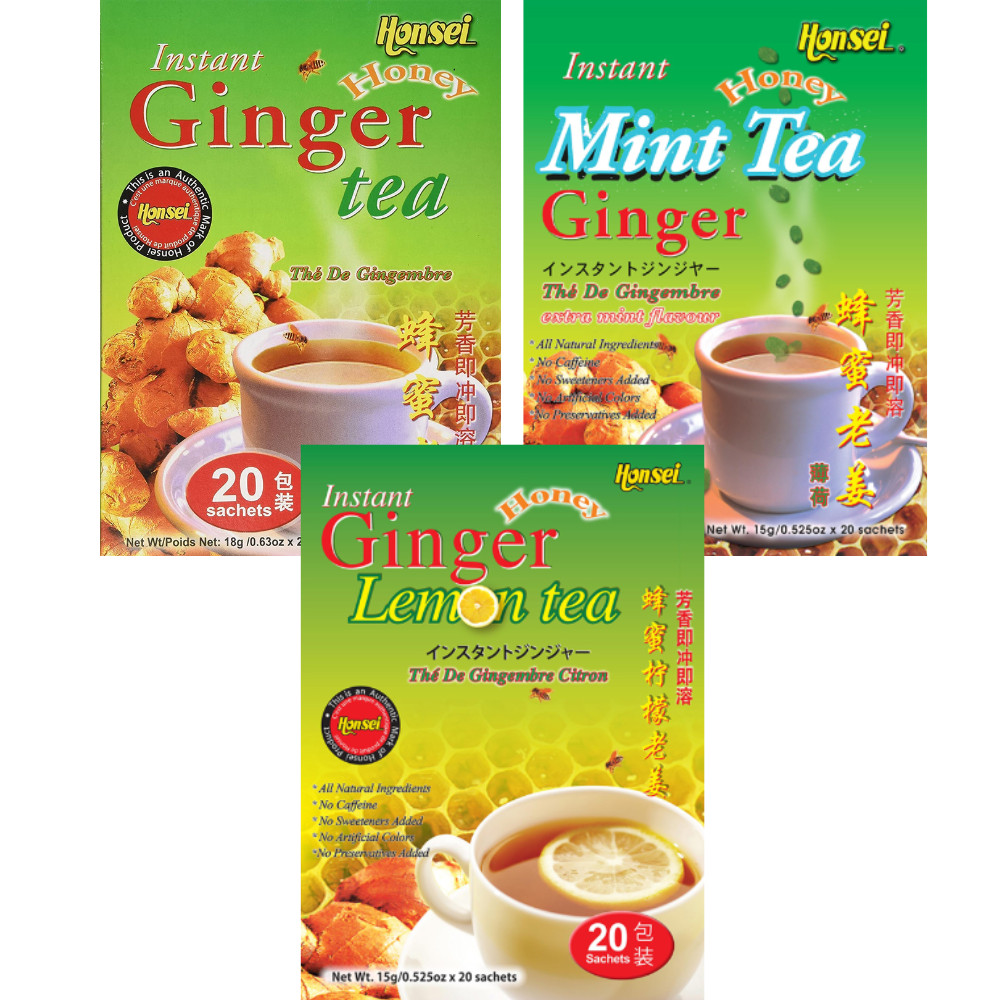 Honsei Instant Ginger Honey Original, Mint, Lemon Flavor 20 Sachets Each Box