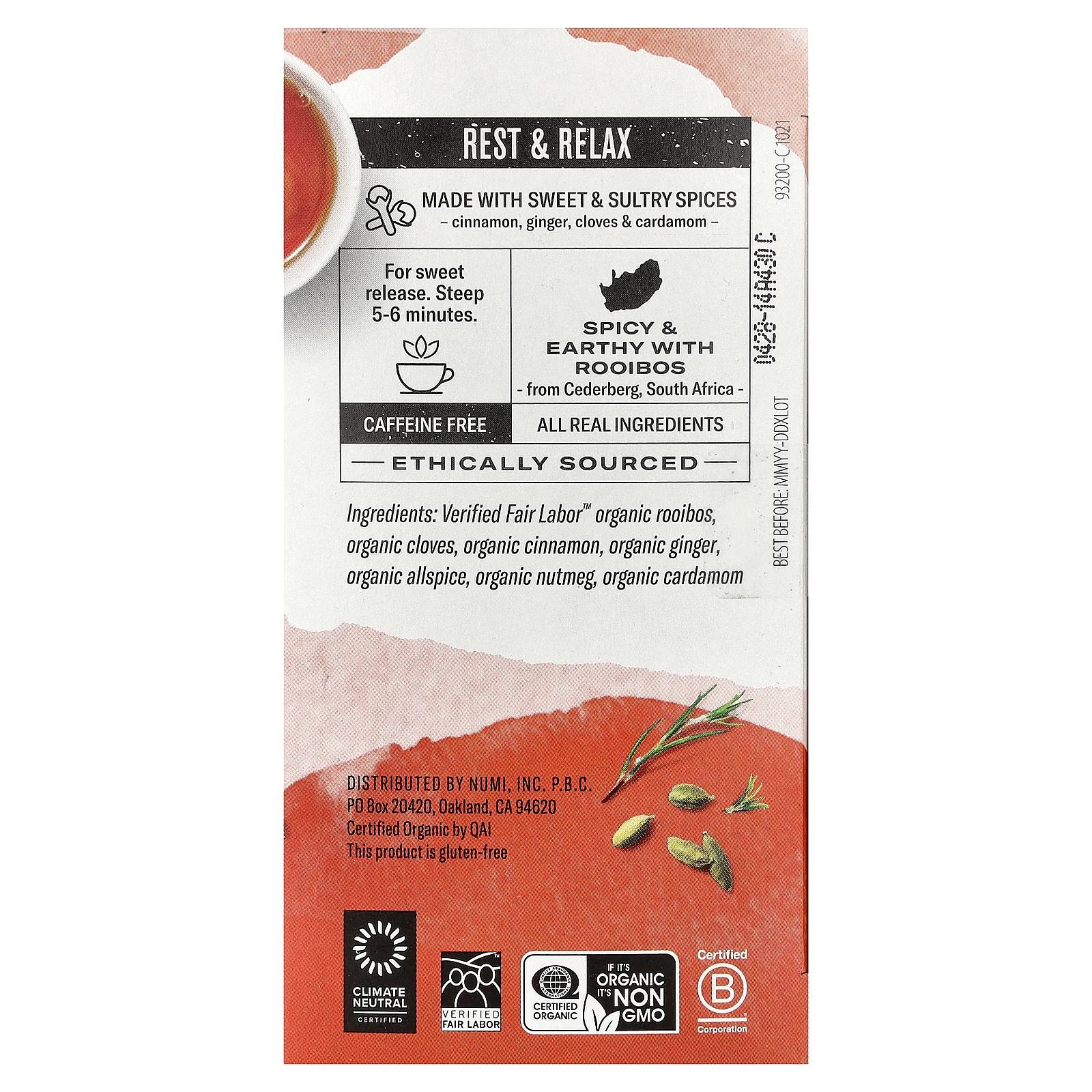 Organic Herbal Teasan, Rooibos Chai, Caffeine Free, 18 Tea Bags, 1.71 oz (48.6