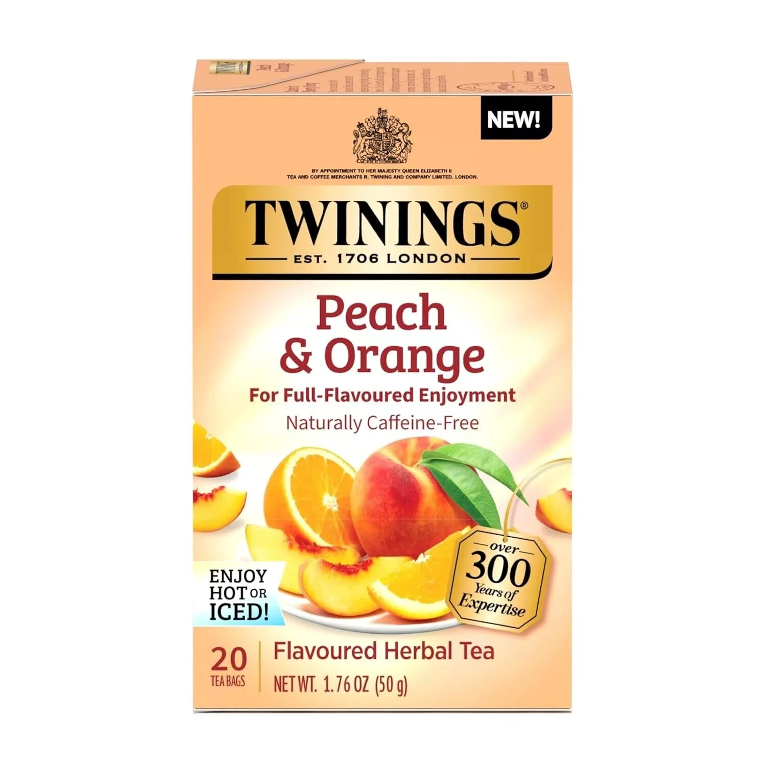 Twinings Peach & Orange Herbal Tea Bags, 20 Count, Caffeine-Free, Hot or Iced