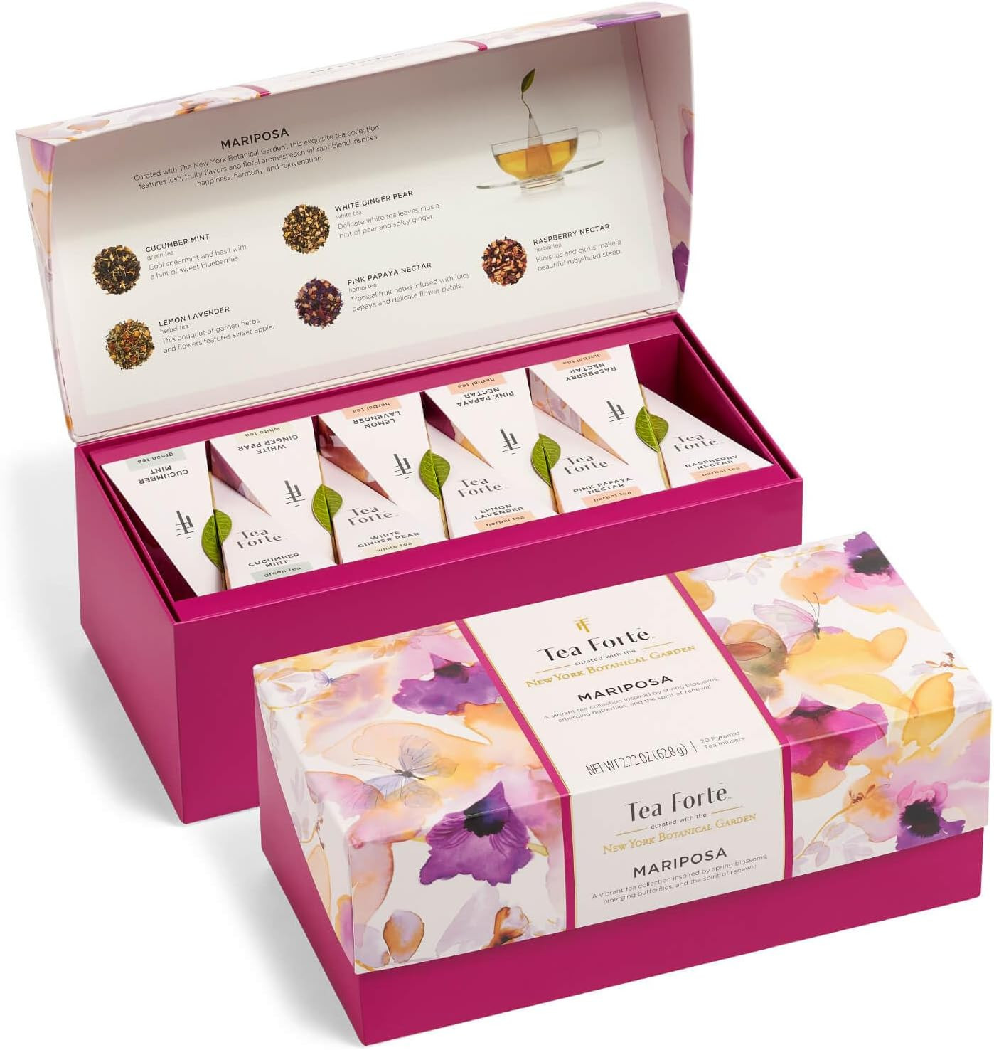 Tea Forte Mariposa Tea Sampler with 20 Pyramid Tea Infuser Bags Fruit, Herb