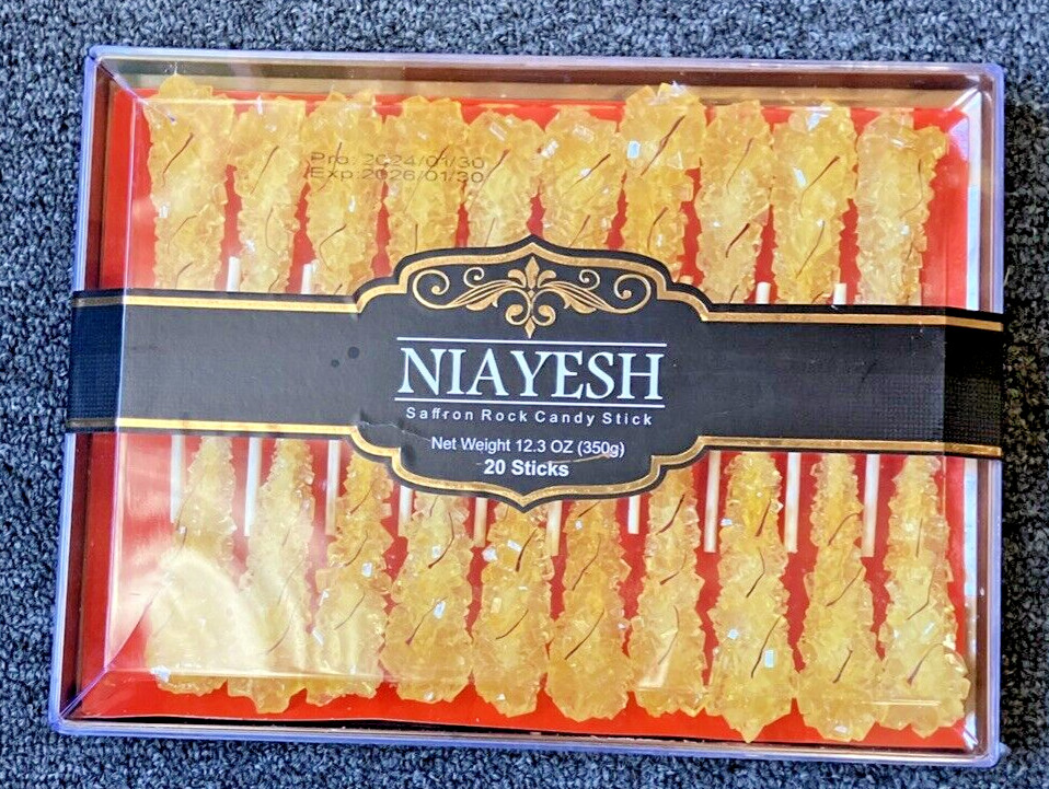 Saffron Rock Candy 20 Sticks (Nabat) Niayesh Brand 350 Grams Net Weight For Tea