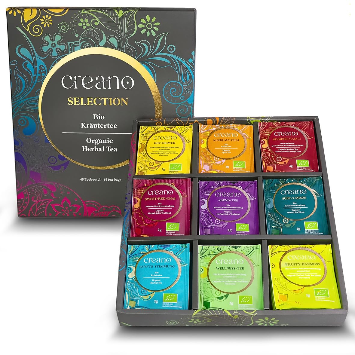 Organic Tea Gift Set Grey – 45 Organic Tea Bags in 9 Different Varieties – 90 g