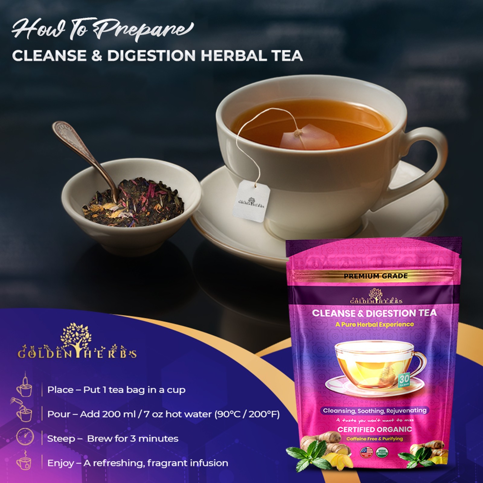 Golden Herbs Cleanse & Digestion Herbal Tea – Natural Detox & Gut Support