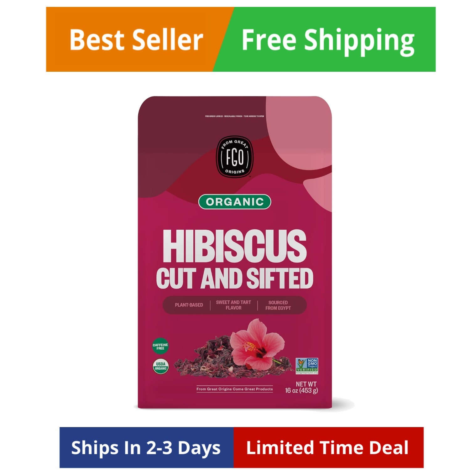 Organic Hibiscus Flowers, Cut and Sifted, 16oz Bulk Resealable Bag, Packaging…