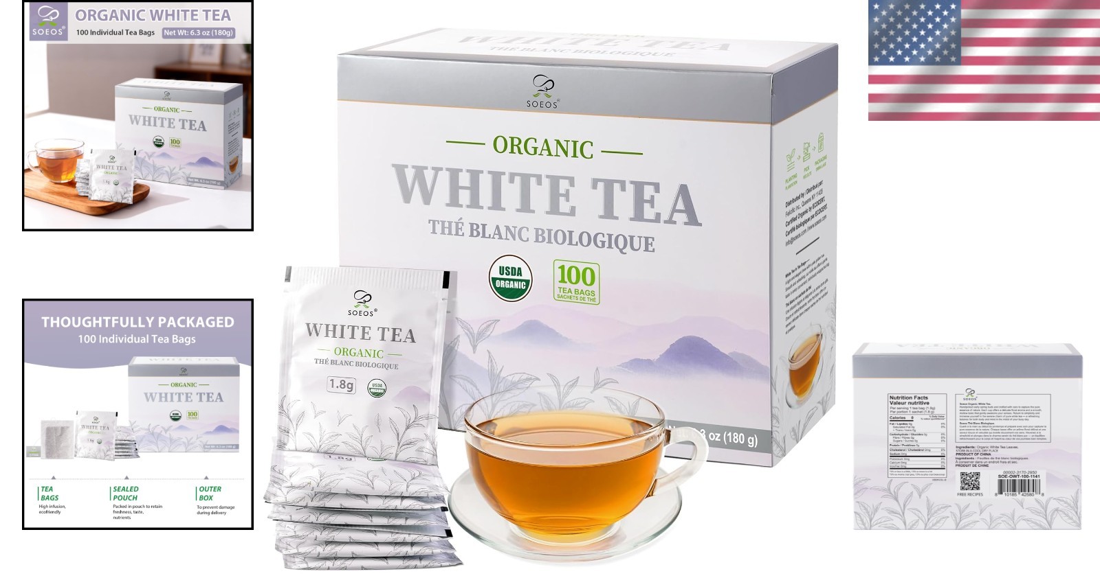 Elegant Organic White Tea – 100 Individually Wrapped Teabags, Low Caffeine