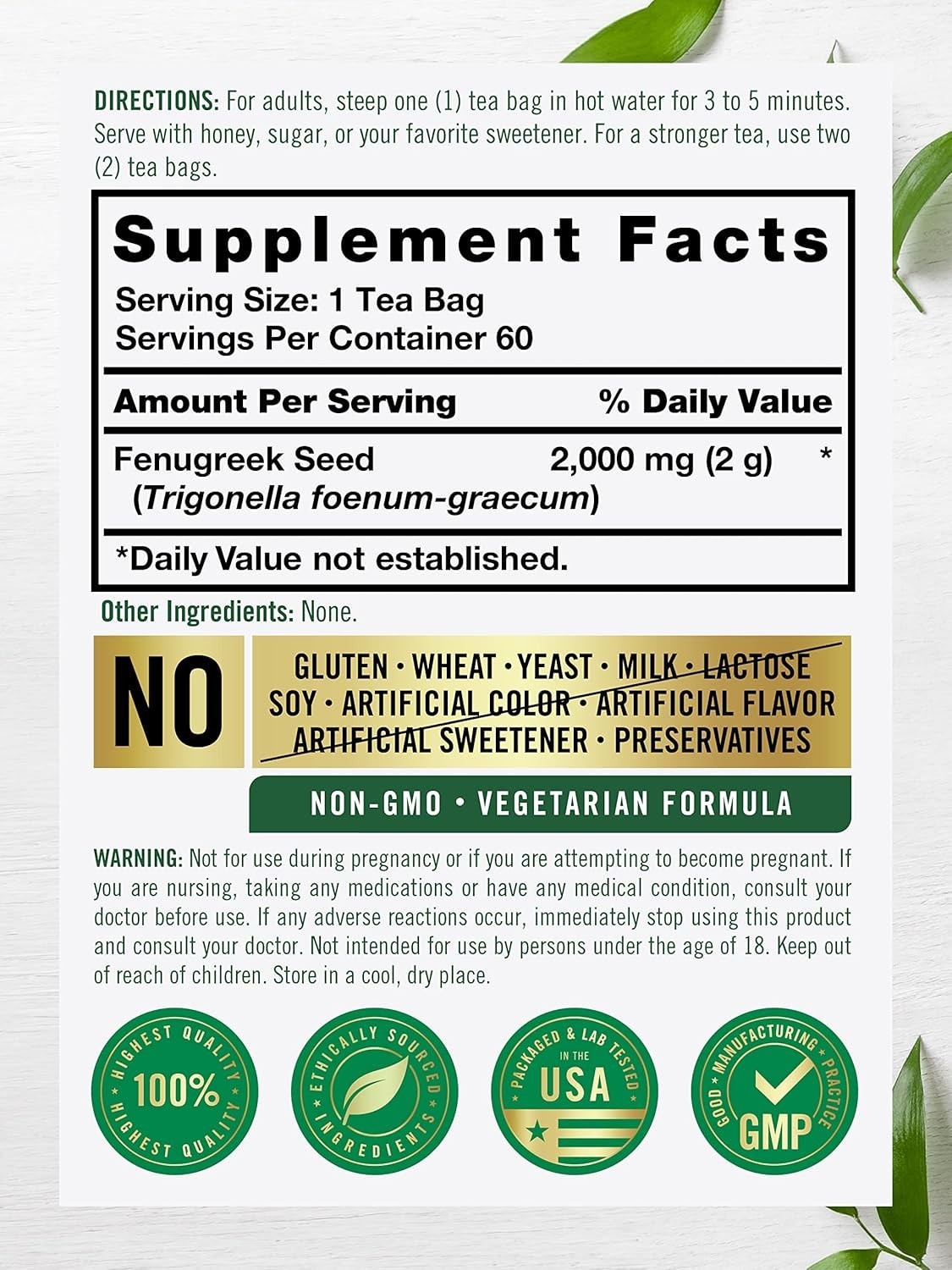Fenugreek Seed Tea | 60 Tea Bags | No Caffeine | Vegetarian, Non-gmo & G