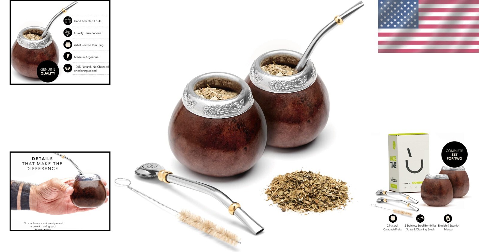 Artisan Yerba Mate Gourd Set – Two Natural Cups with Bombilla for Rich Tradition