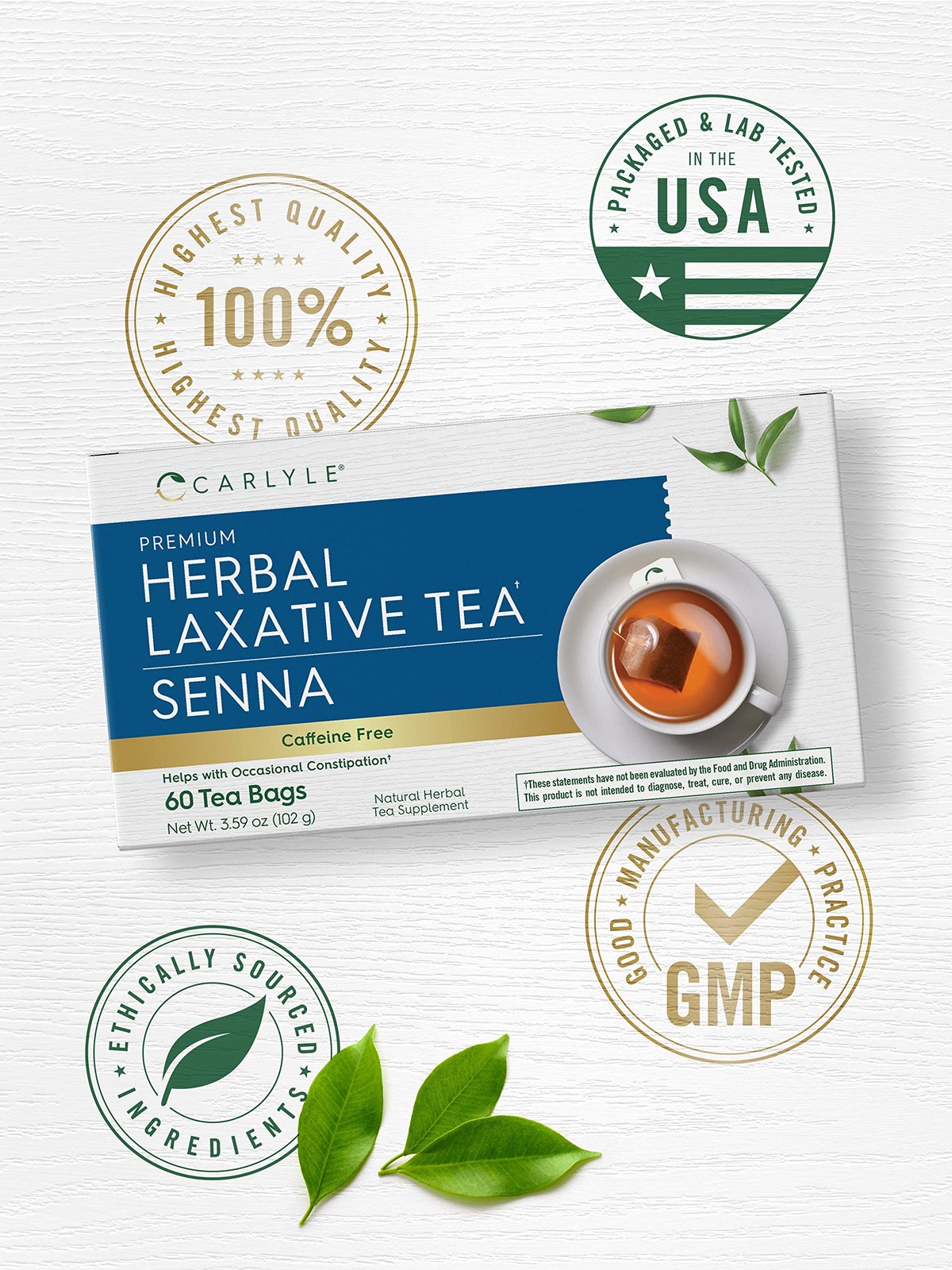Carlyle Herbal Laxative Senna Leaf Tea | 60 Bags | No Caffeine | Helps 60