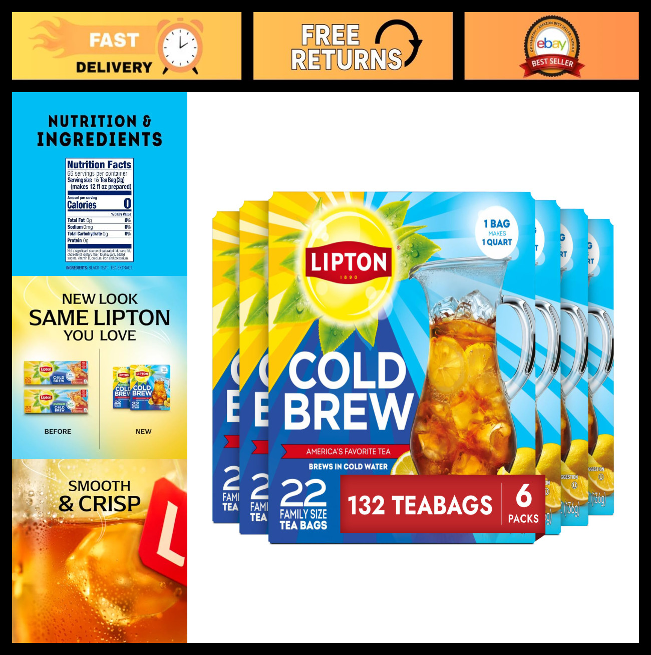 Cold Brew Iced Tea Bags – Family Size, 132 Total Bags (22ct x 6 Packs)