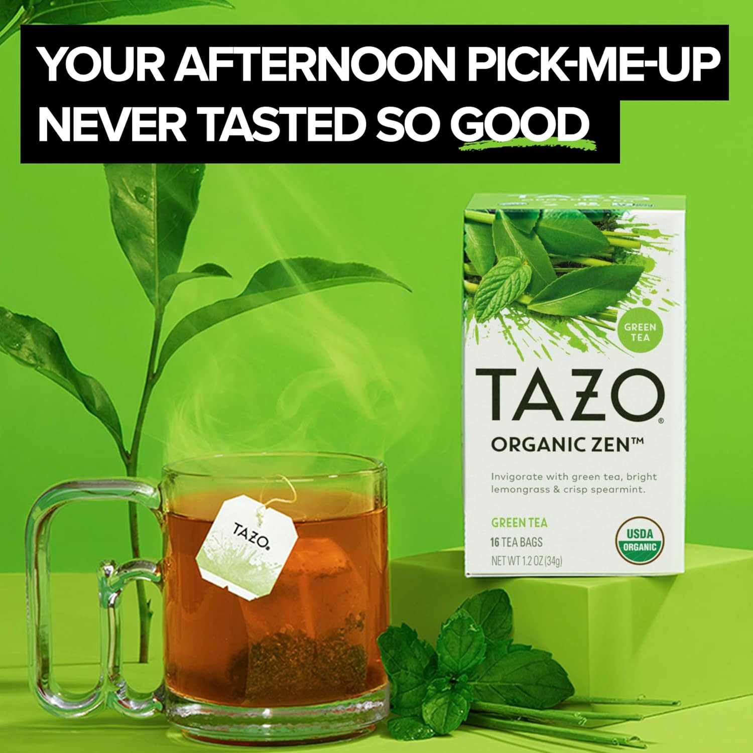 TAZO Organic Zen Green Tea, Caffeinated Tea with Refreshing Lemongrass & Spearmi