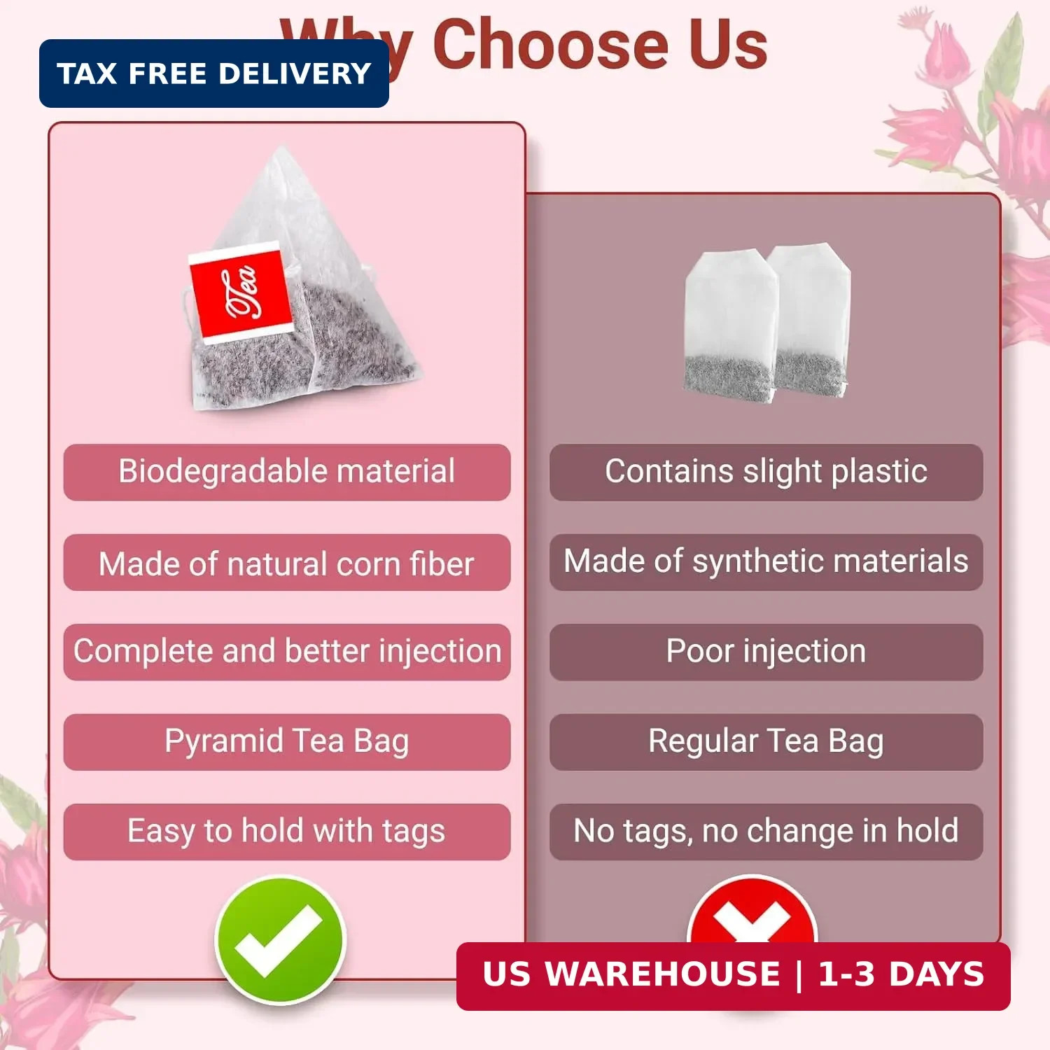 Hibiscus Tea Bags, 100% Natural Hibiscus Flowers Herbal High Blood Pressure Tea