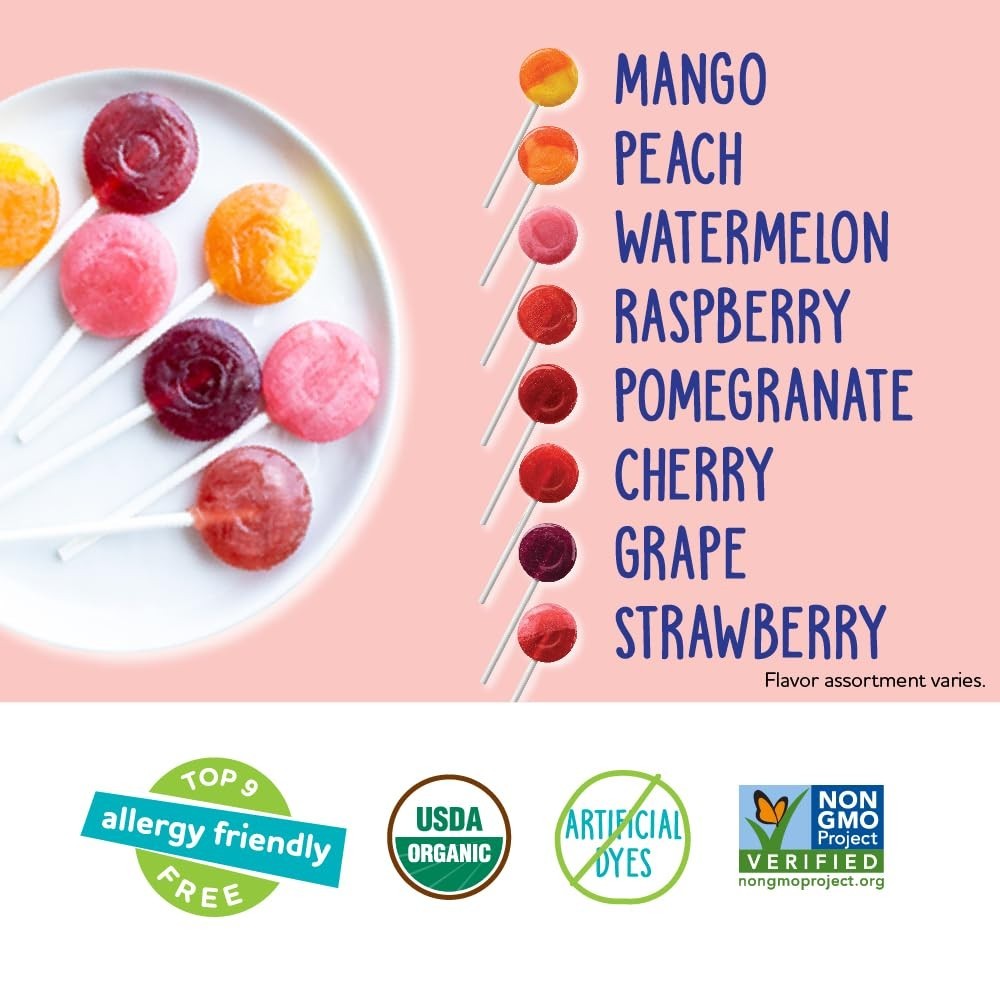 60 Count Fruit-Flavored Organic Lollipops – No Artificial Dyes, Gluten Free