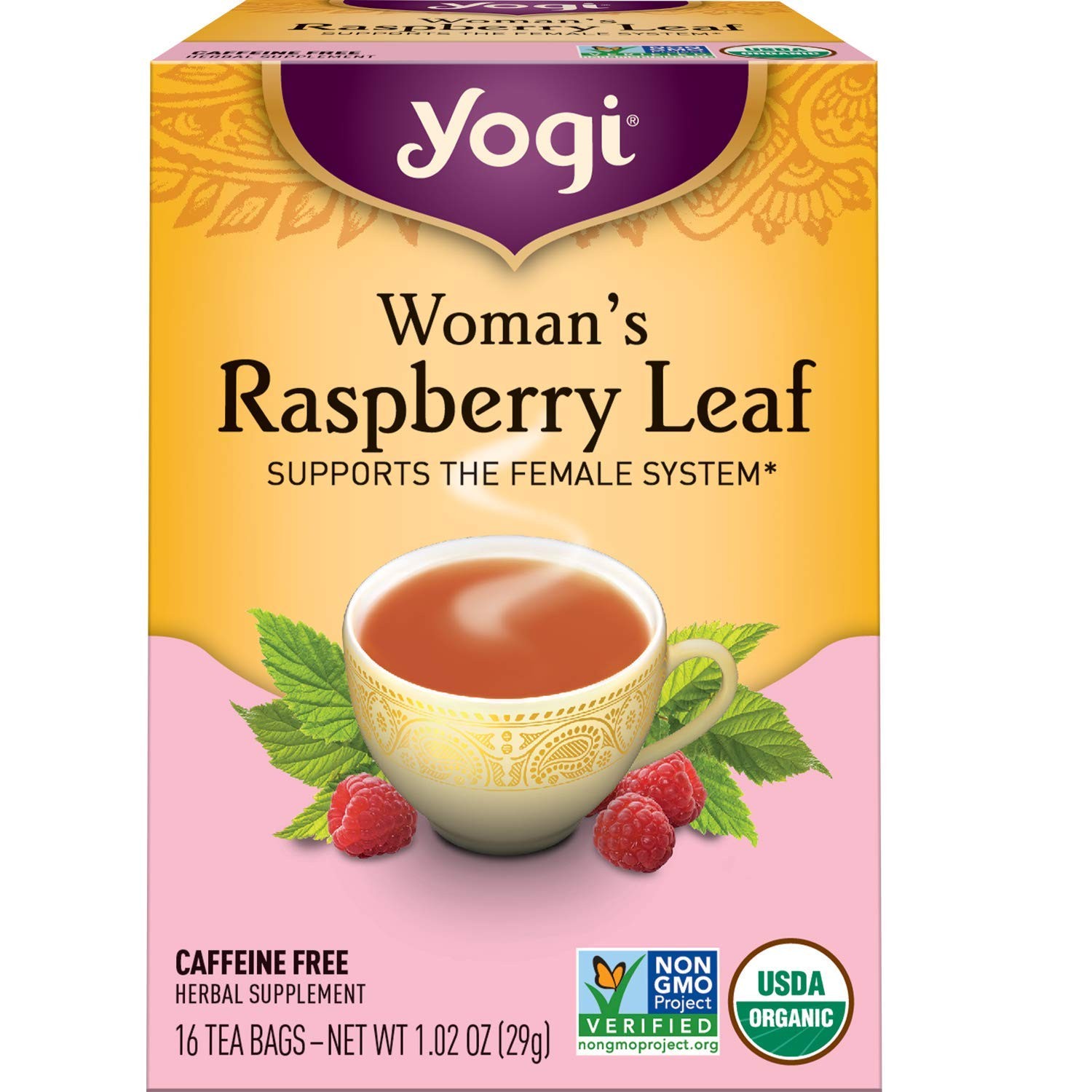 Yogi Women’s Raspberry Leaf Tea 16 Count (Pack of 1), Yellow and Pink