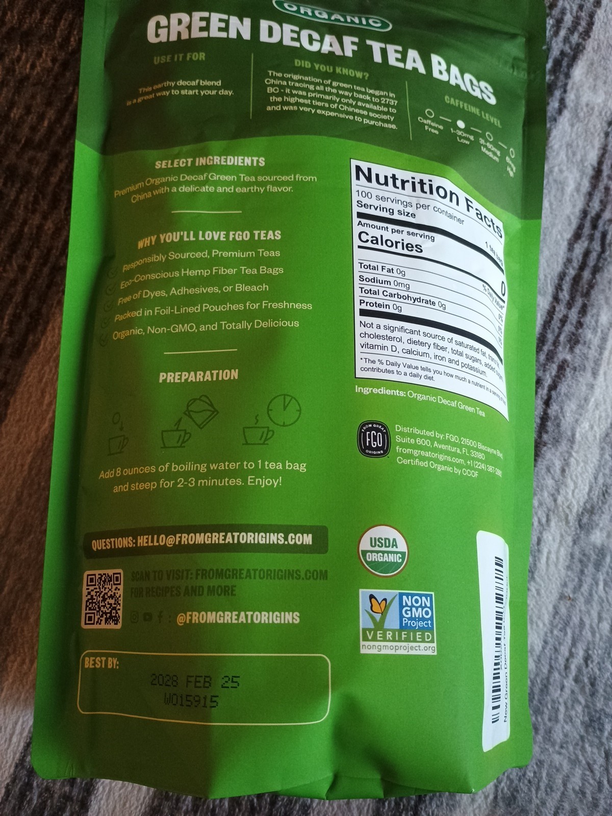 FGO Organic Green Decaf Tea, 100 Count, Eco-Conscious 100 Count 02/2028 New